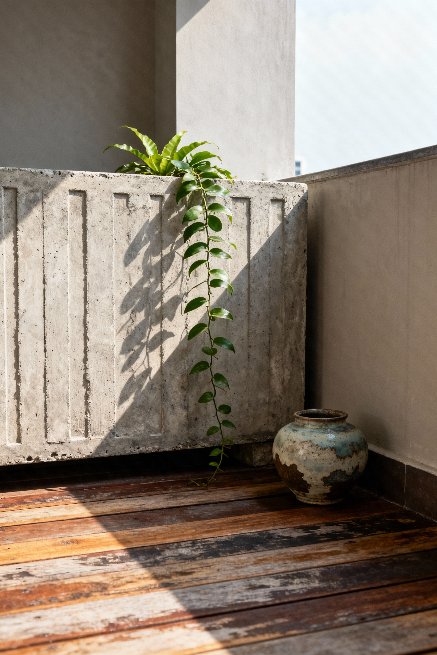 Wabi-Sabi-inspired urban balcony with aged reclaimed wood decking, raw concrete planter, and a trailing fern, embodying natural imperfection.