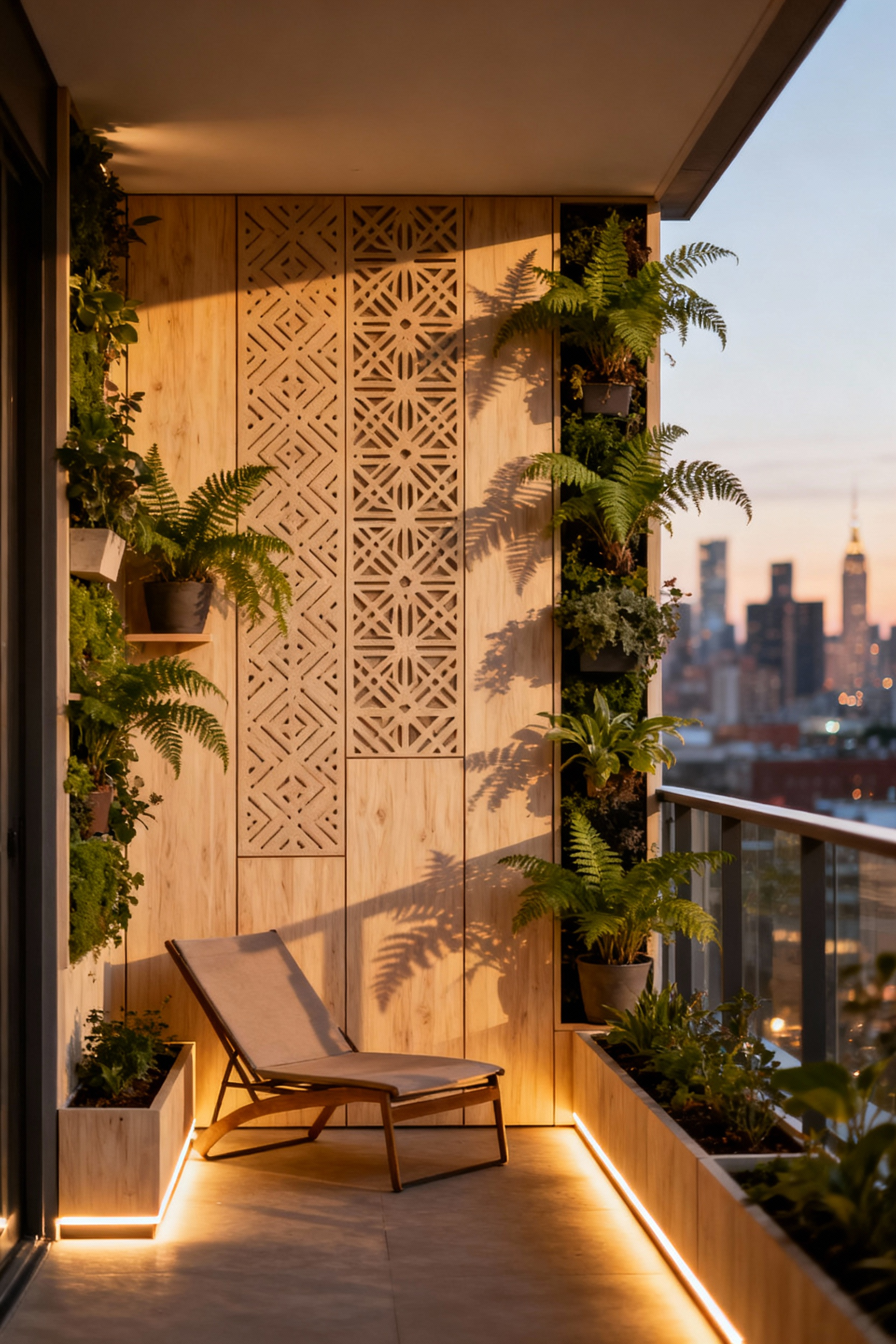 A balcony with elegant, nature-inspired acoustic diffusion paneling on the wall, overlooking a blurred urban landscape, emphasizing tranquility and sound mitigation.
