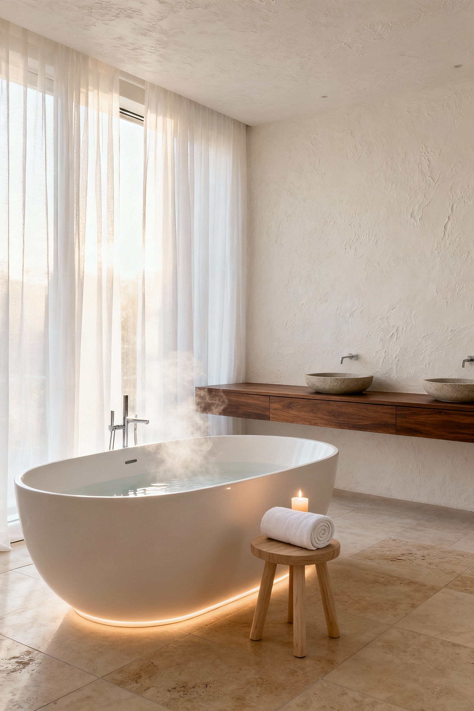A serene, clutter-free modern bathroom featuring a freestanding soaking tub, large diffused window light, and natural wood accents, designed as a sacred retreat for mental relaxation.