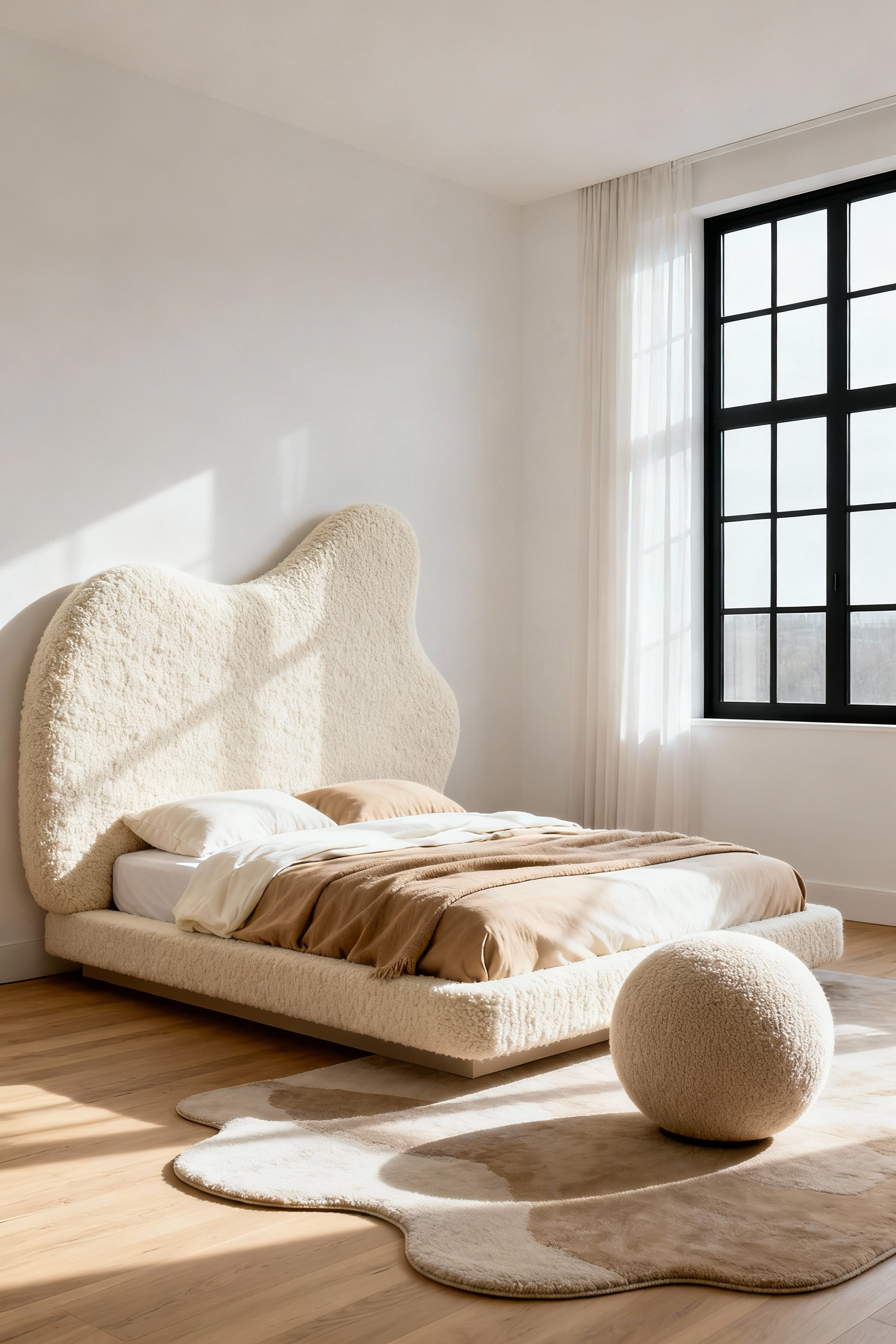 A modern, low-slung beige bedroom featuring a sculptural, asymmetrical cream bouclé headboard and a spherical armchair, designed to soften sharp architectural lines under natural daylight.