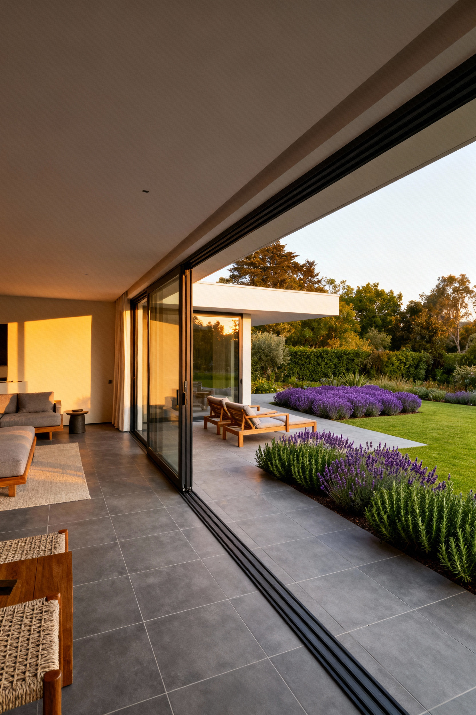 A luxurious modern home with expansive glass doors fully open, showing a seamless transition between the indoor living space and an outdoor biophilic patio garden. Consistent grey tile flooring unites the spaces, with lush plantings of lavender and rosemary visible in the tiered garden beds.