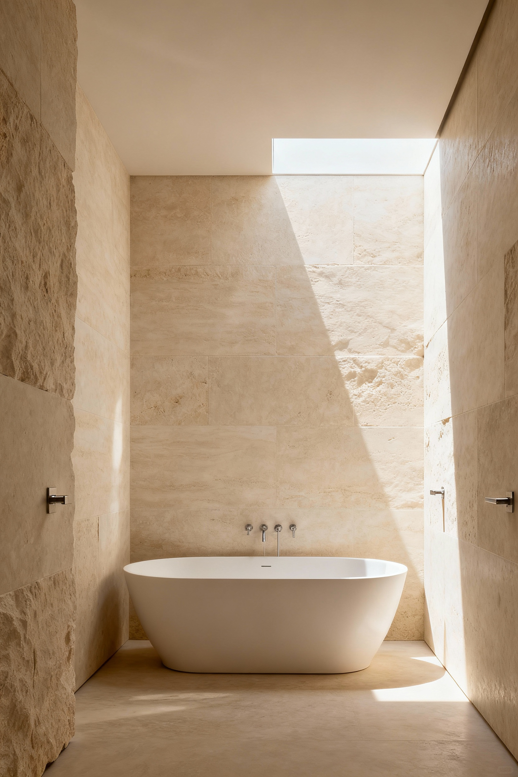 Modern minimalist bathroom featuring large format beige stone slabs on the walls and floor, creating a seamless, grout-free, visually quiet surface around a white soaking tub.
