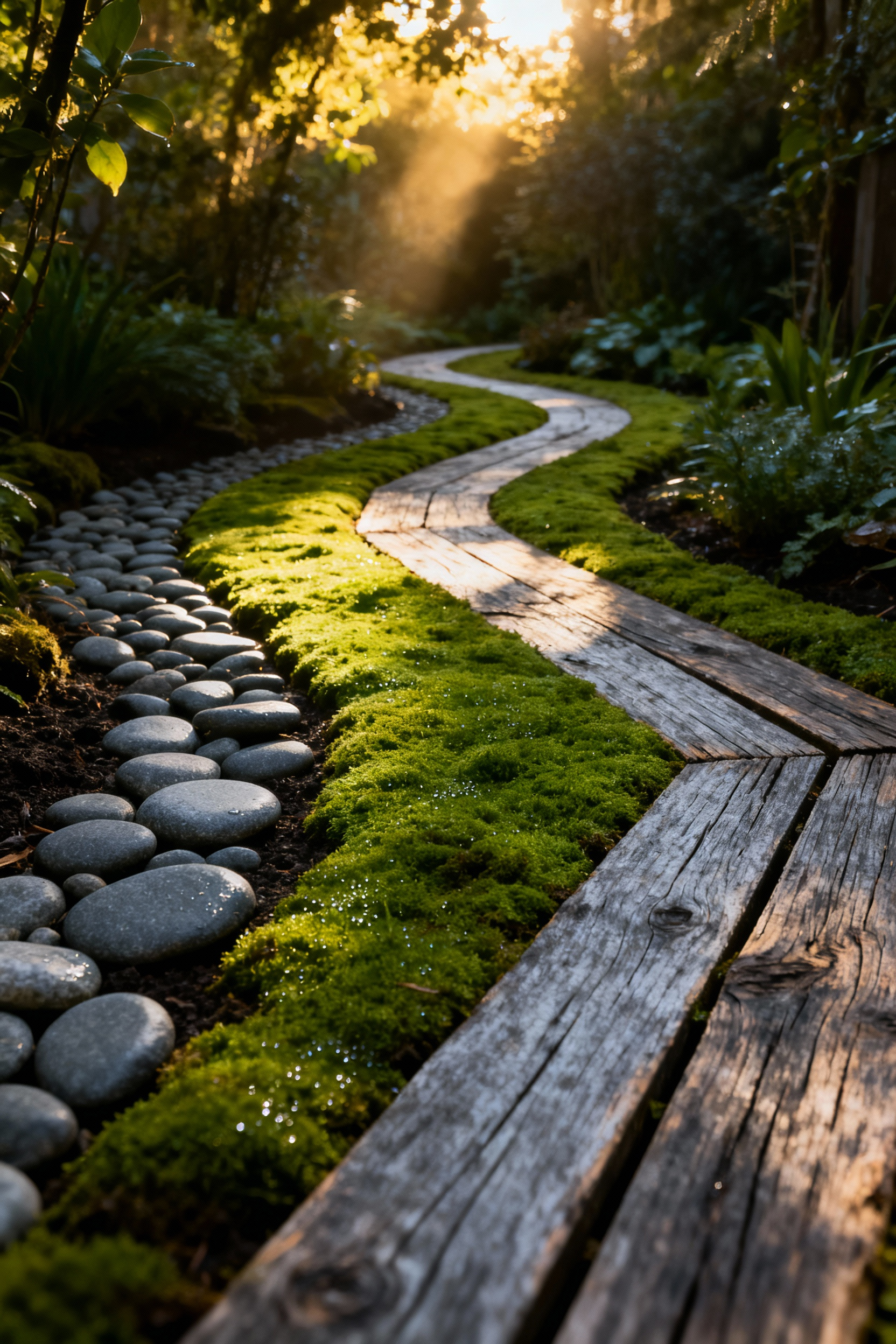 A winding sensory garden path designed for tactile grounding, featuring clear transitions between smooth river stone, soft emerald moss, and rough reclaimed timber planks under dappled sunlight.