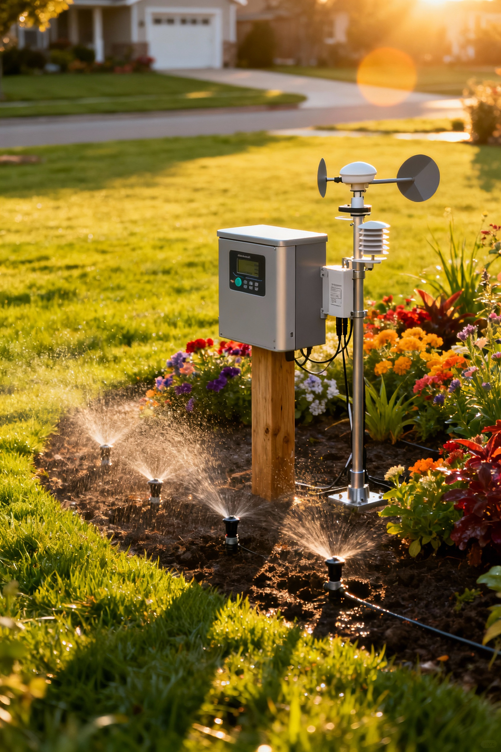 A highly detailed photograph of a lush, vibrant lawn and garden featuring an integrated modern smart irrigation controller unit and a meteorological sensor mast calculating Evapotranspiration (ET) rates during golden hour lighting.