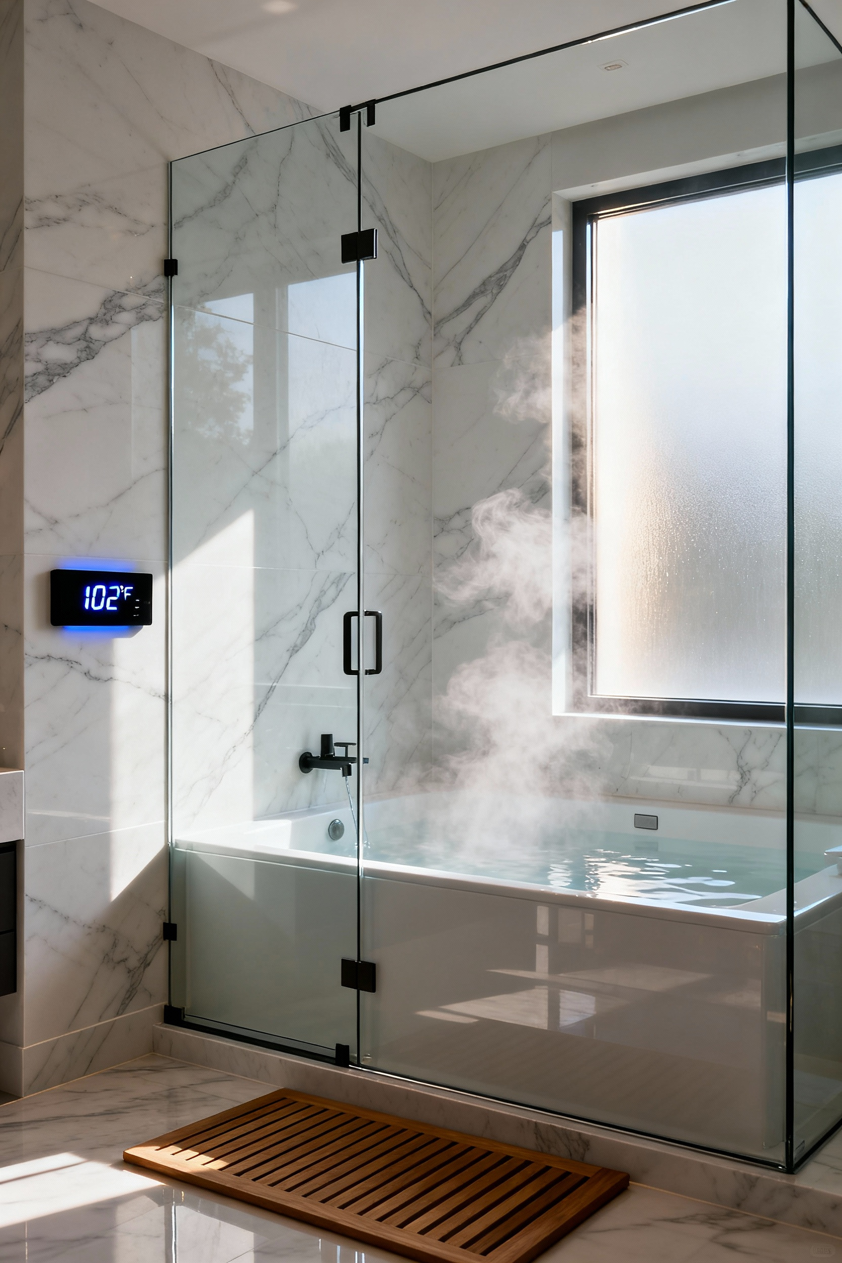 Modern master bathroom shower with a glowing voice-activated digital control panel displaying a pre-set temperature, streamlining the morning ritual.