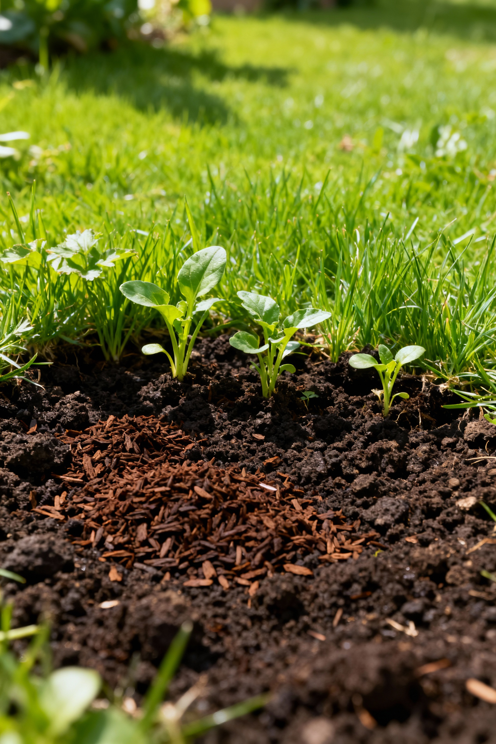 Close-up portrait view of rich, dark garden soil infused with organic compost, showing vibrant green plant shoots emerging from the healthy substrate, symbolizing robust growth.
