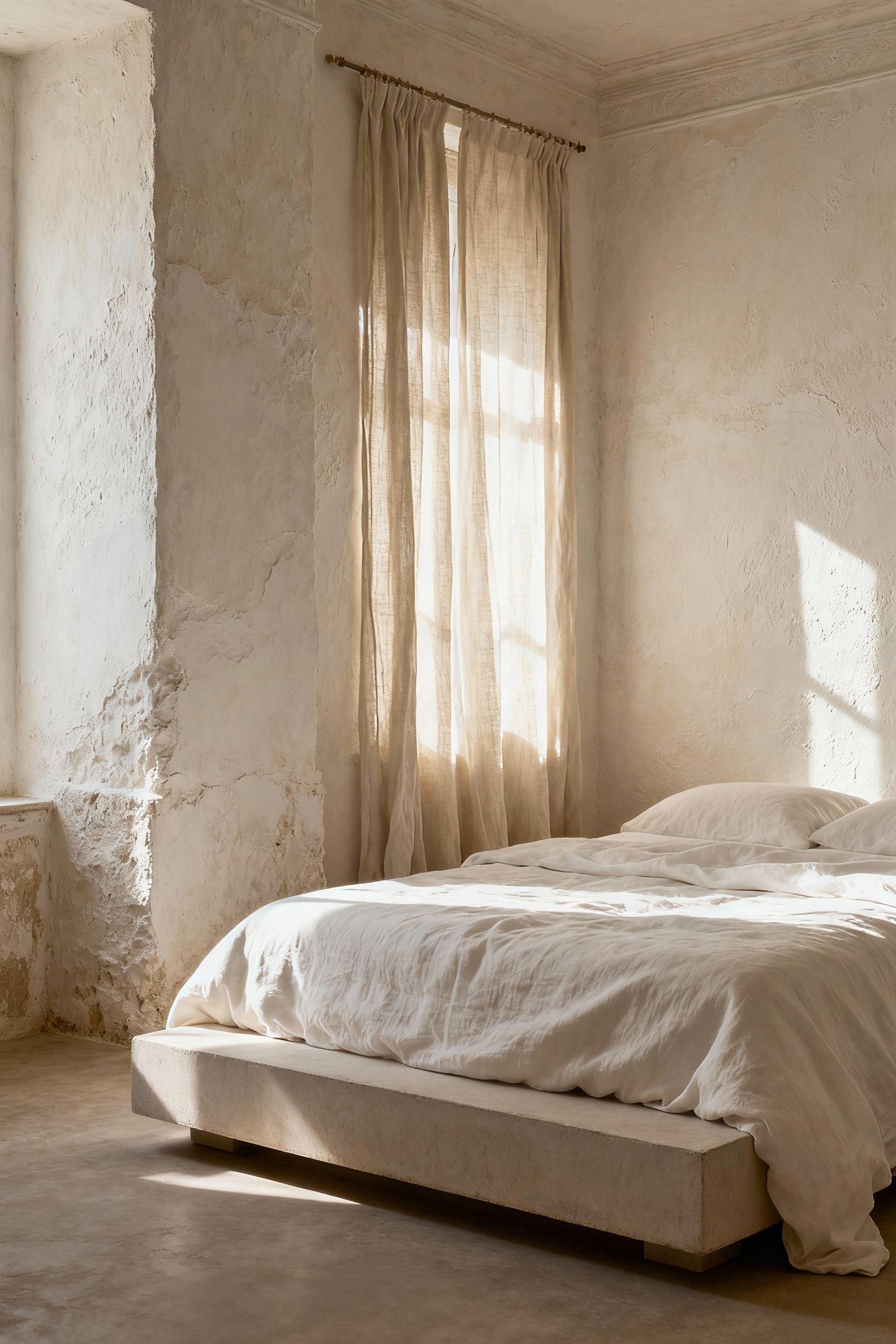 A tranquil white bedroom showcasing walls finished in velvety limewash paint, demonstrating sophisticated texture and depth suitable for elevated white bedroom ideas.