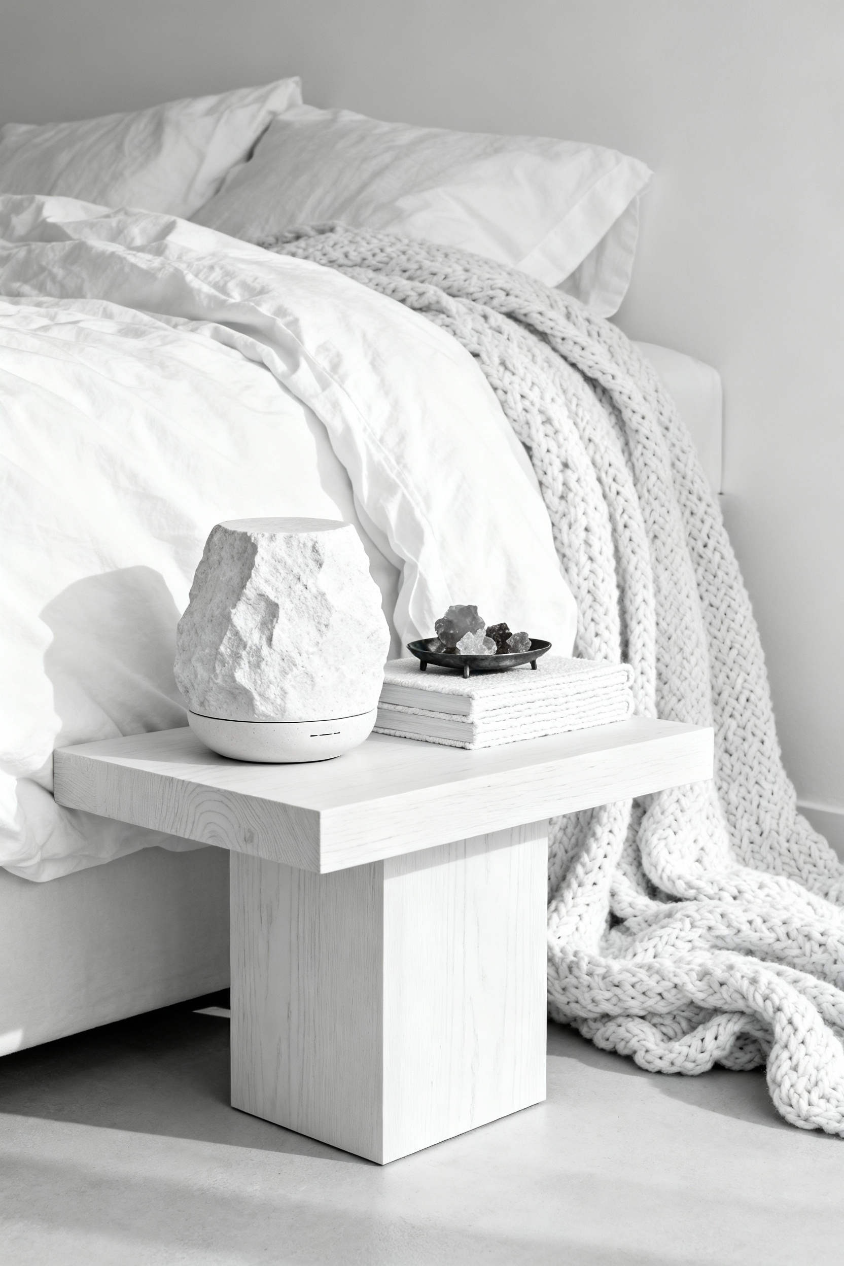 A high-key photograph of a white bedroom featuring a sculptural matte ceramic stone diffuser on a minimalist white oak bedside table, contrasted sharply against layered soft white linen bedding.