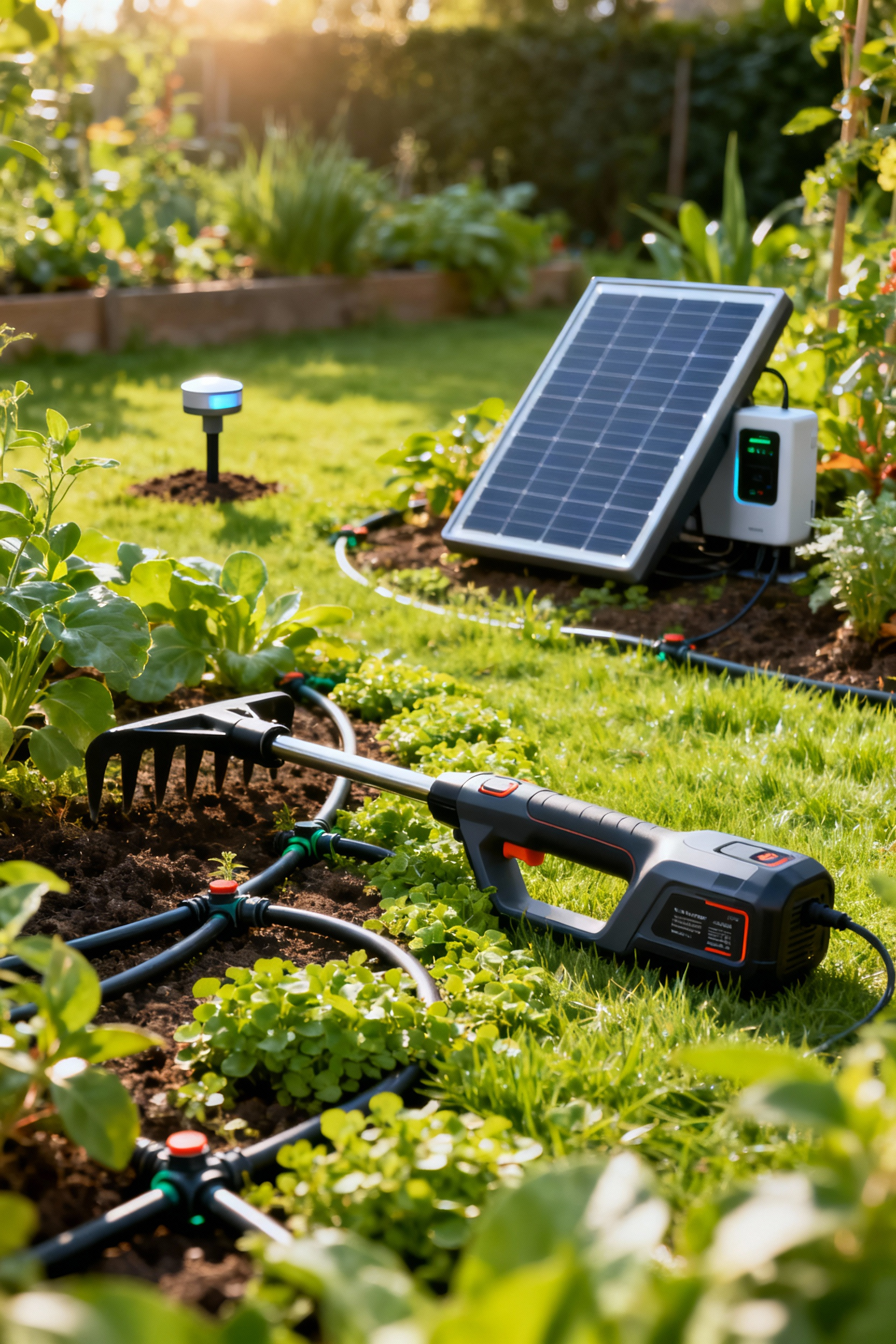 A sustainable garden featuring eco-conscious electric tools, smart drip irrigation, soil sensors, and a solar panel for charging, all contributing to a resilient lawn garden ecosystem.
