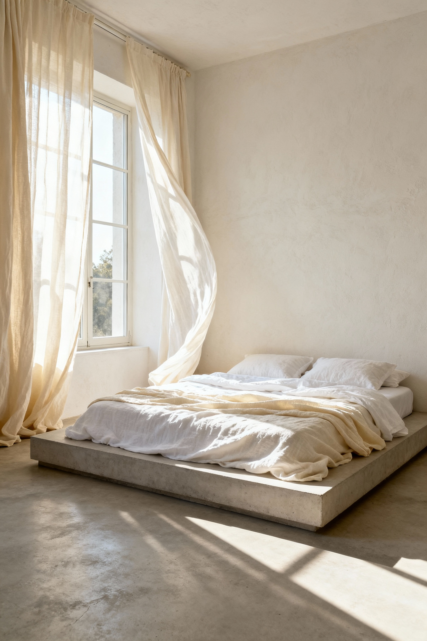 Luminous white minimalist bedroom featuring intense sunbeams filtering through sheer organic linen curtains, demonstrating the expansive, bright visual space created by white walls and ceilings for natural climate control.