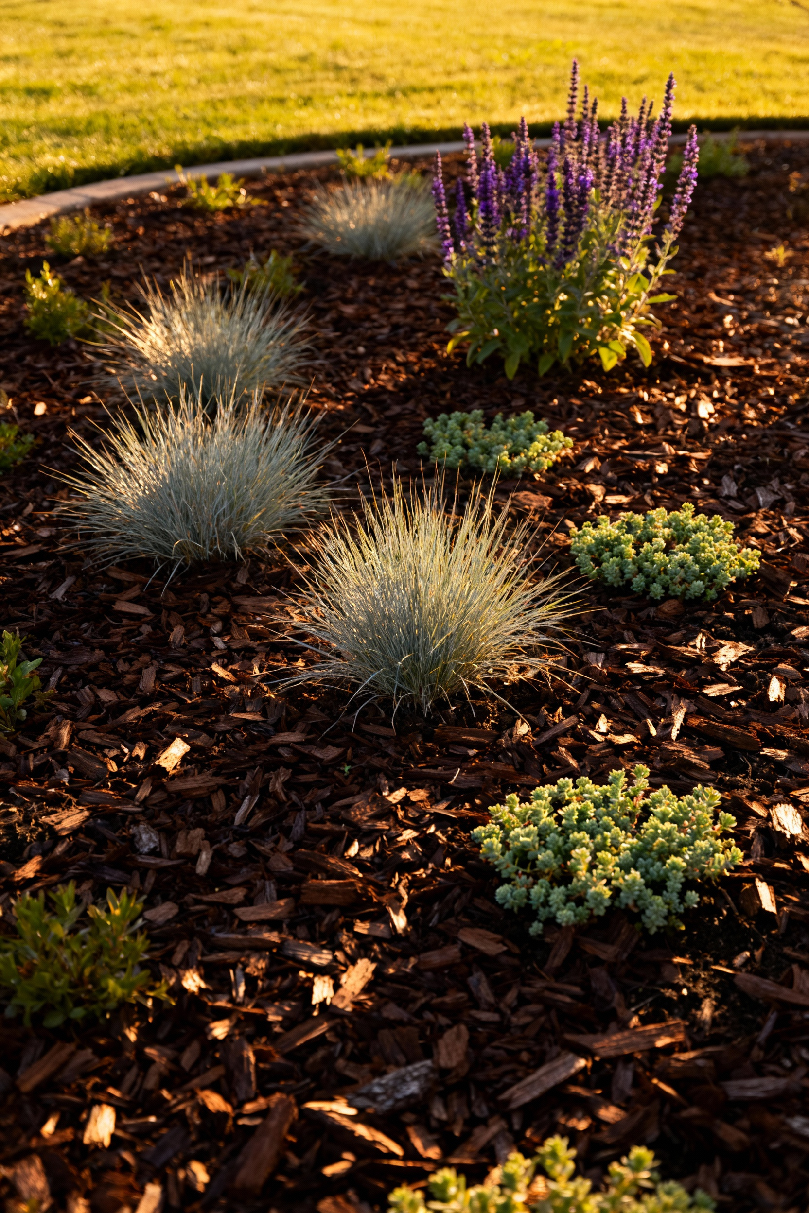 Detailed photograph of a sustainable xeriscape garden bed heavily mulched with dark wood chips, featuring native, drought-tolerant plants under golden hour sunlight.