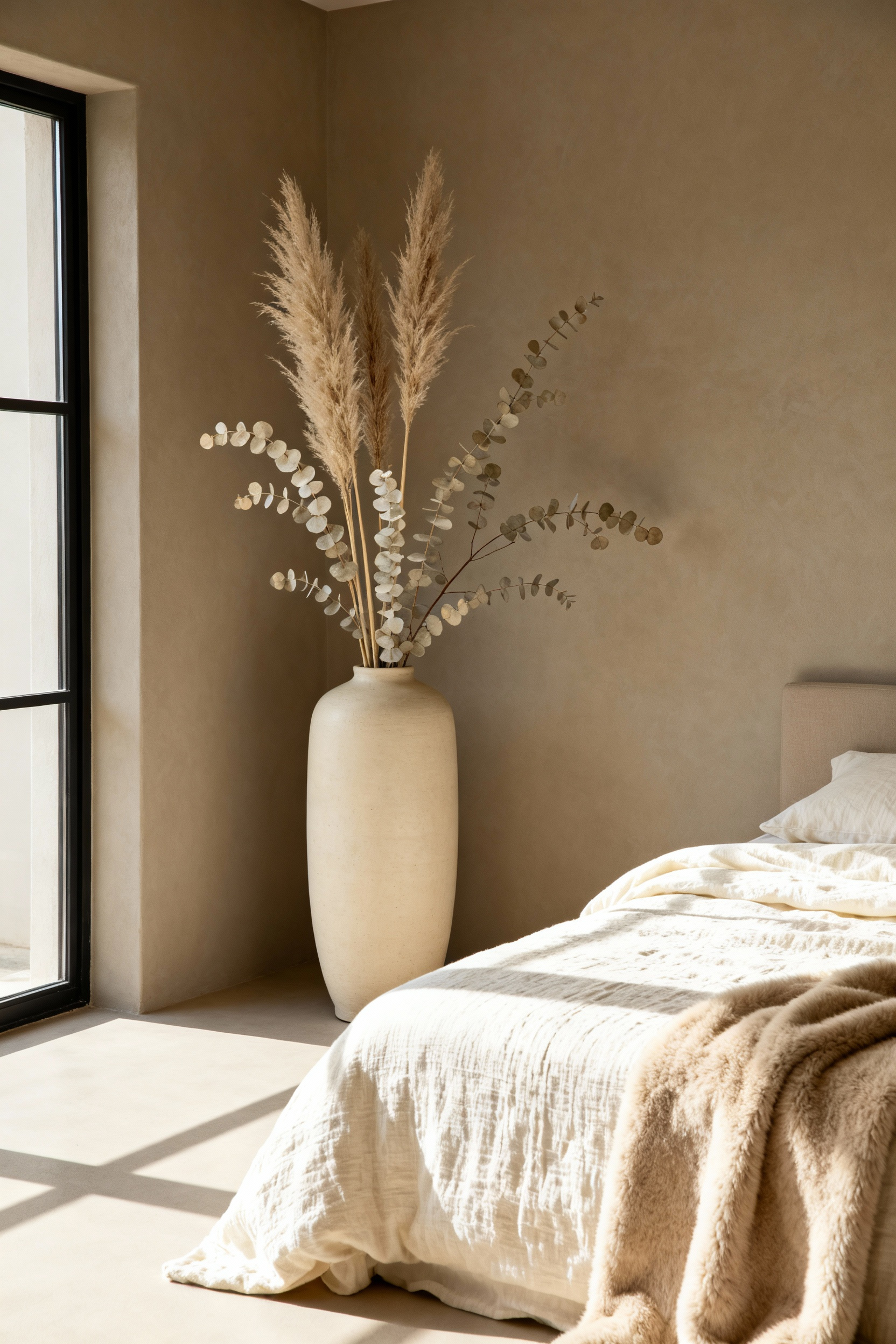 A serene minimalist beige bedroom featuring cream linen bedding and a large floor vase arrangement of dried pampas grass and lunaria branches, emphasizing a sustainable, neutral aesthetic.
