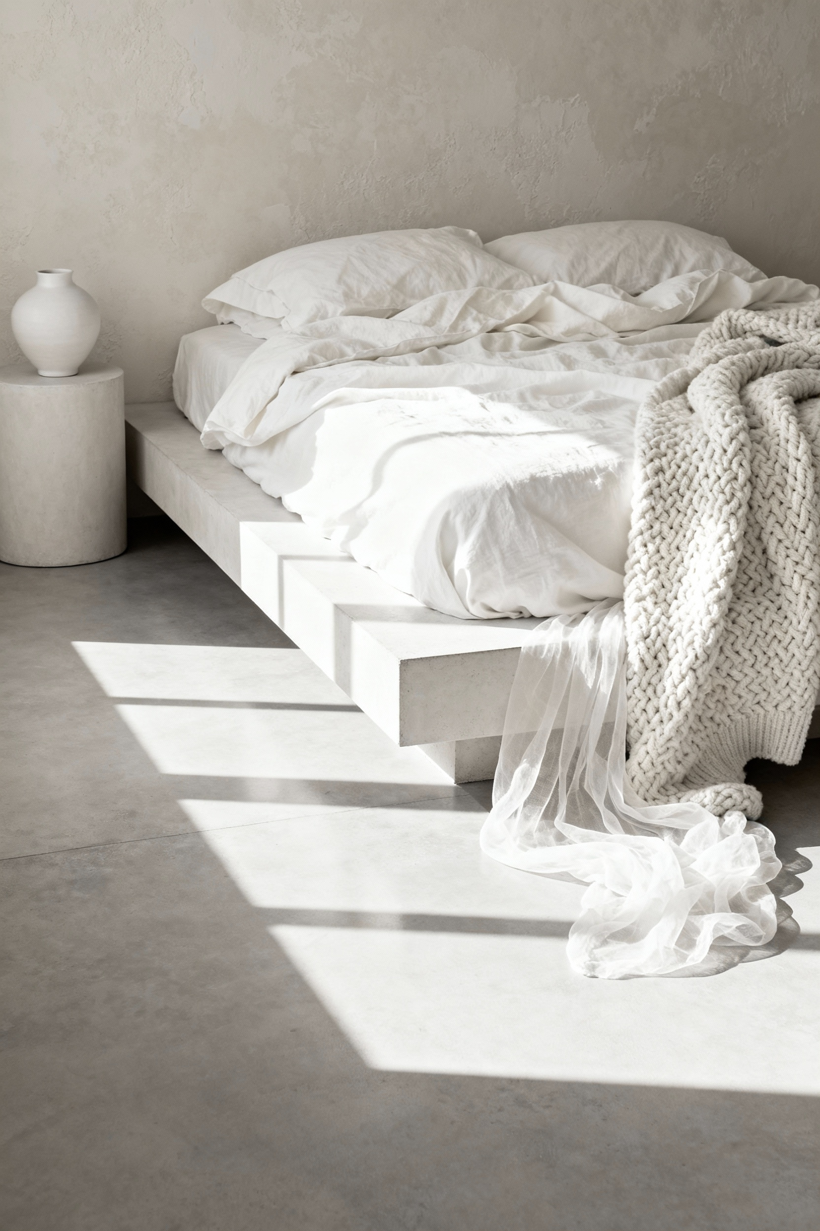 A luxurious, minimalist white bedroom showing depth through blended shades of ivory, cream, and bright white textiles, highlighted by strong morning shadows across the textured plaster walls.