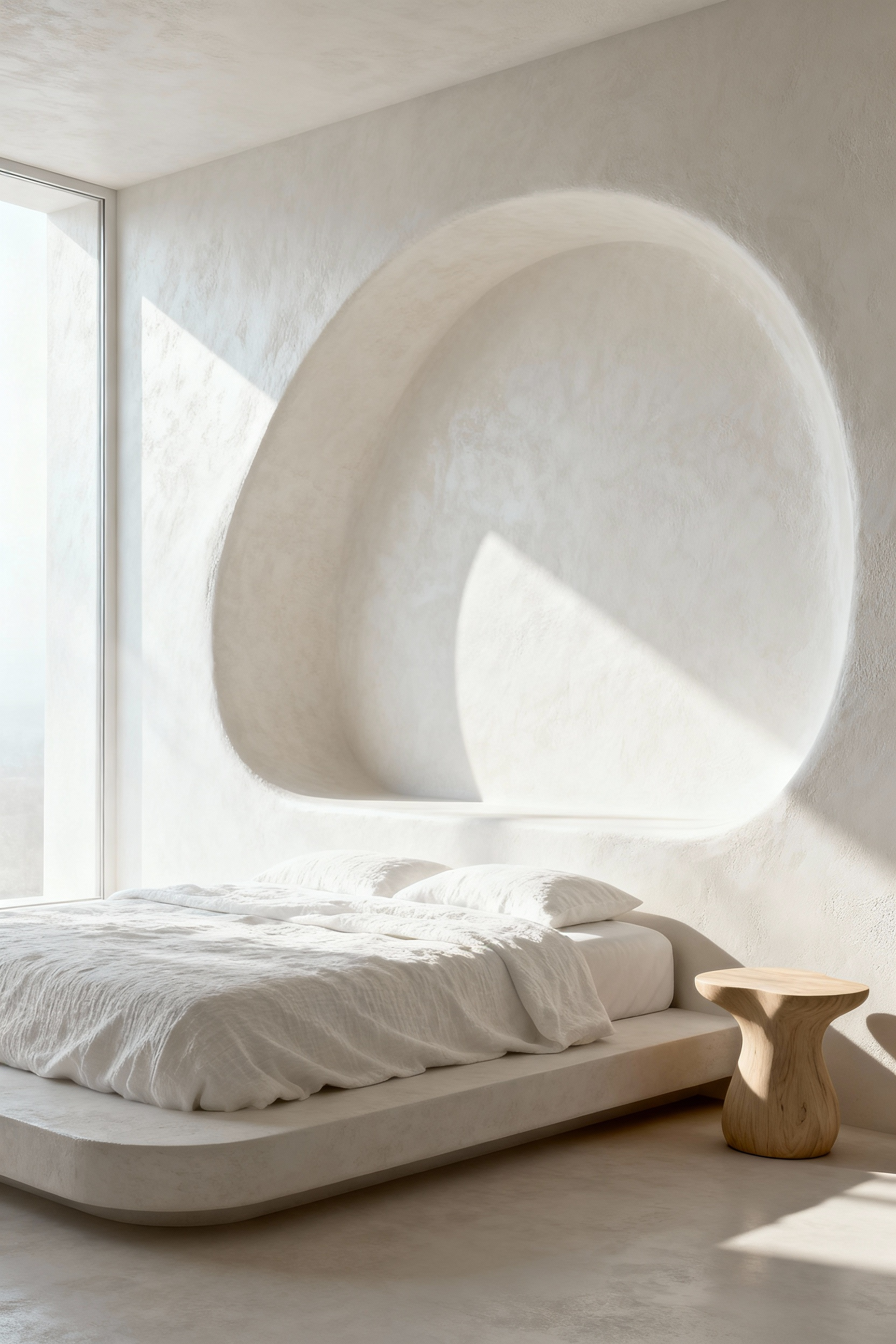 A luxury minimalist white bedroom featuring seamless, bone-white Tadelakt plaster walls and a deeply curved architectural niche, demonstrating sophisticated Moroccan organic design.