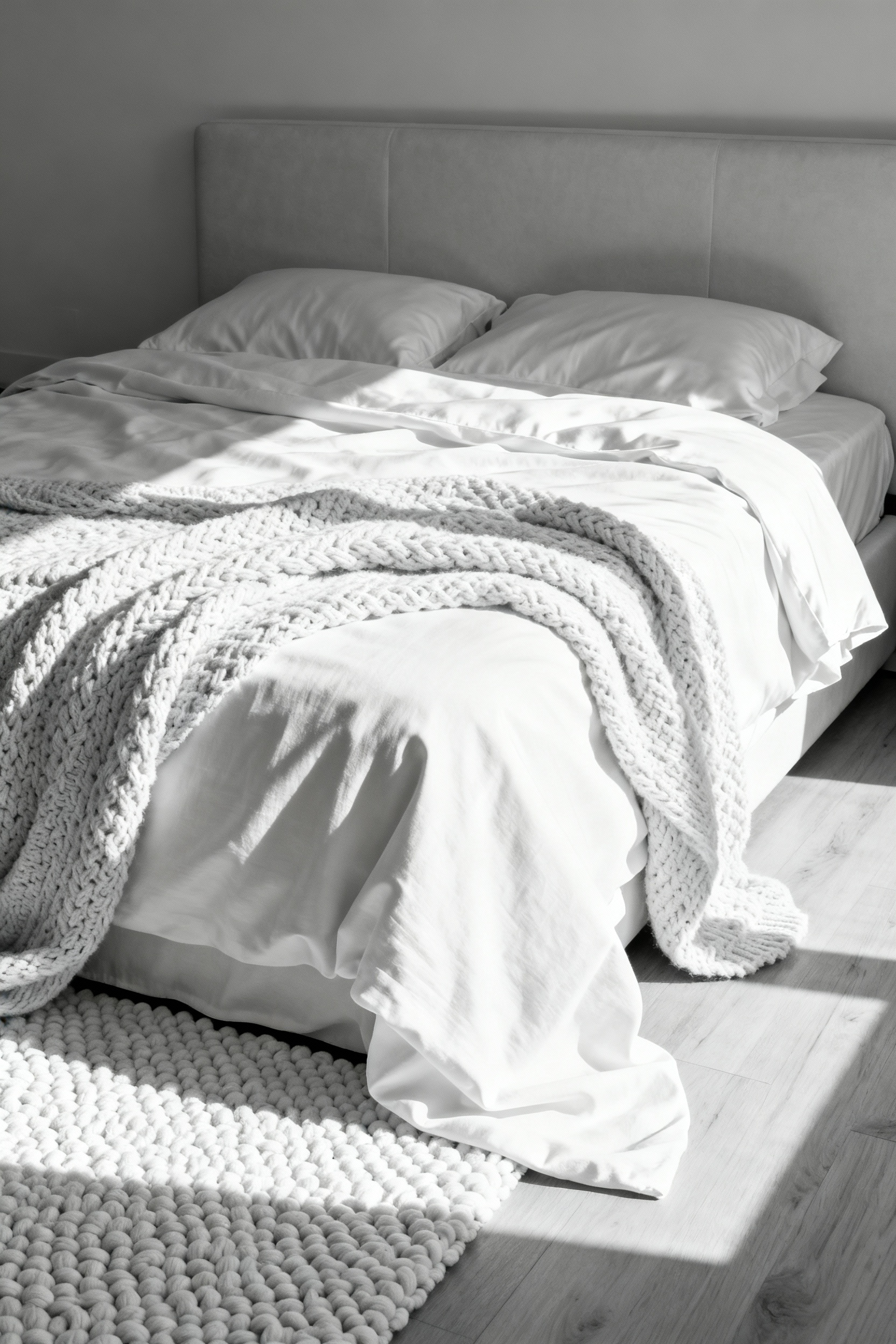 A monochromatic white bedroom showcasing layers of contrasting textures including glossy sateen, matte linen, and chunky knit fabrics under soft directional morning light to create depth.