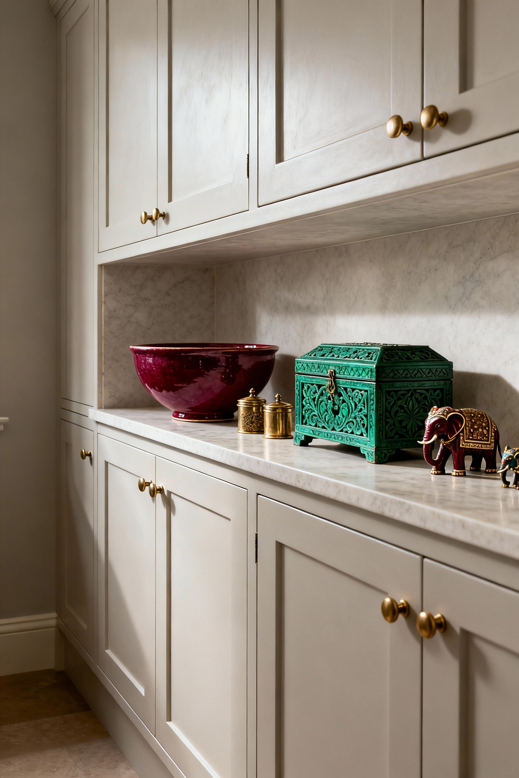 A traditional British kitchen featuring neutral Inset cabinets and open shelving styled with vibrant, jewel-toned South Asian artifacts, including ruby ceramics and emerald boxes, showcasing a globally collected design aesthetic.