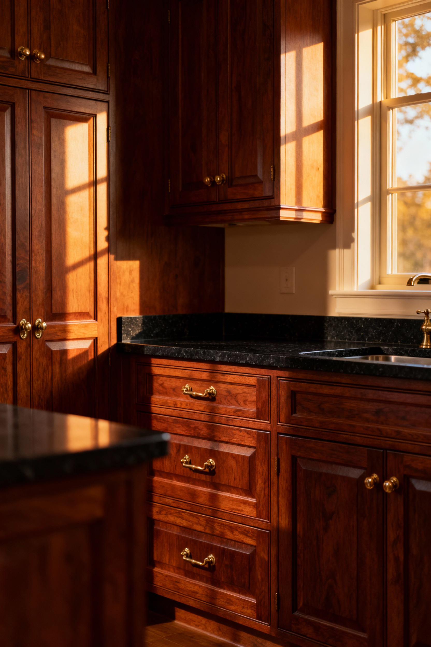 Detailed photograph of heirloom-quality traditional cherry wood kitchen cabinets showing a rich patina and antique brass hardware under warm architectural lighting, emphasizing durability.