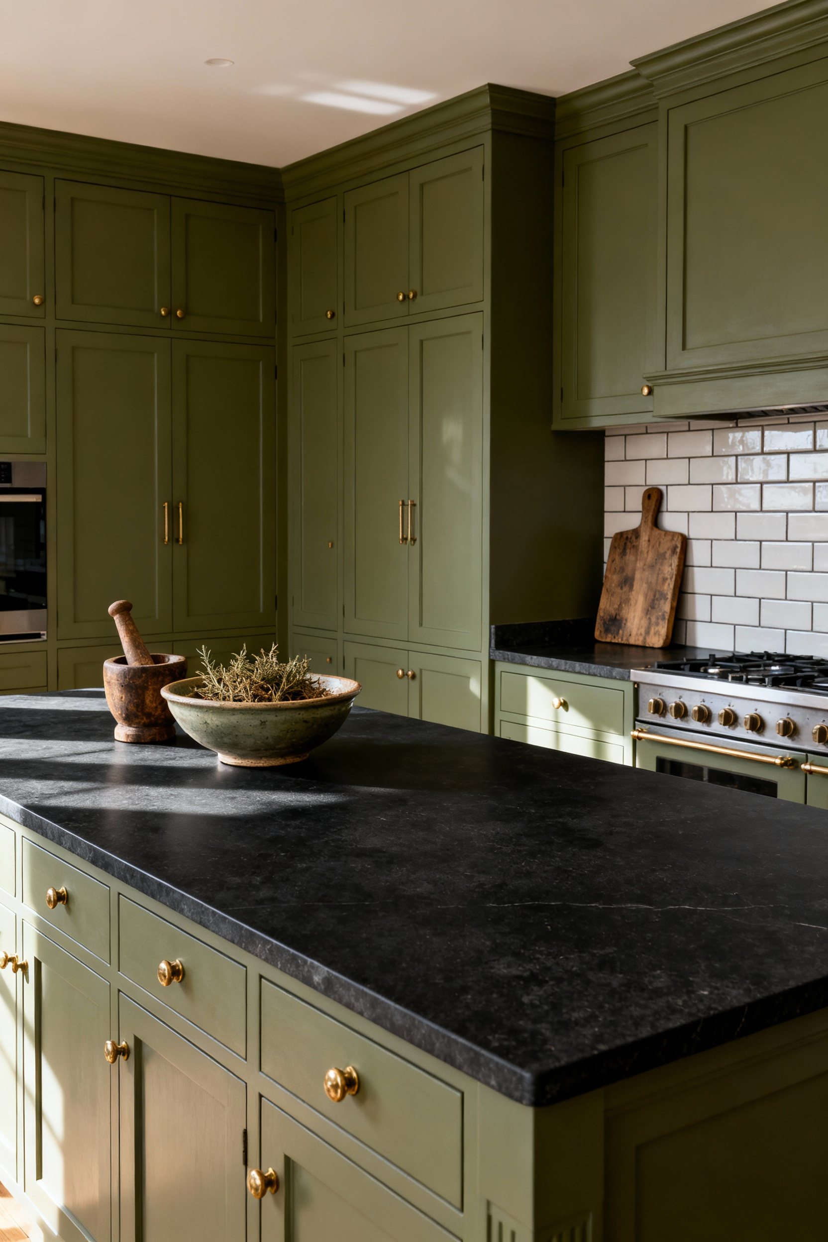 A traditional kitchen featuring moss green cabinets, honed soapstone countertops, and aged brass hardware, illuminated by soft natural light.