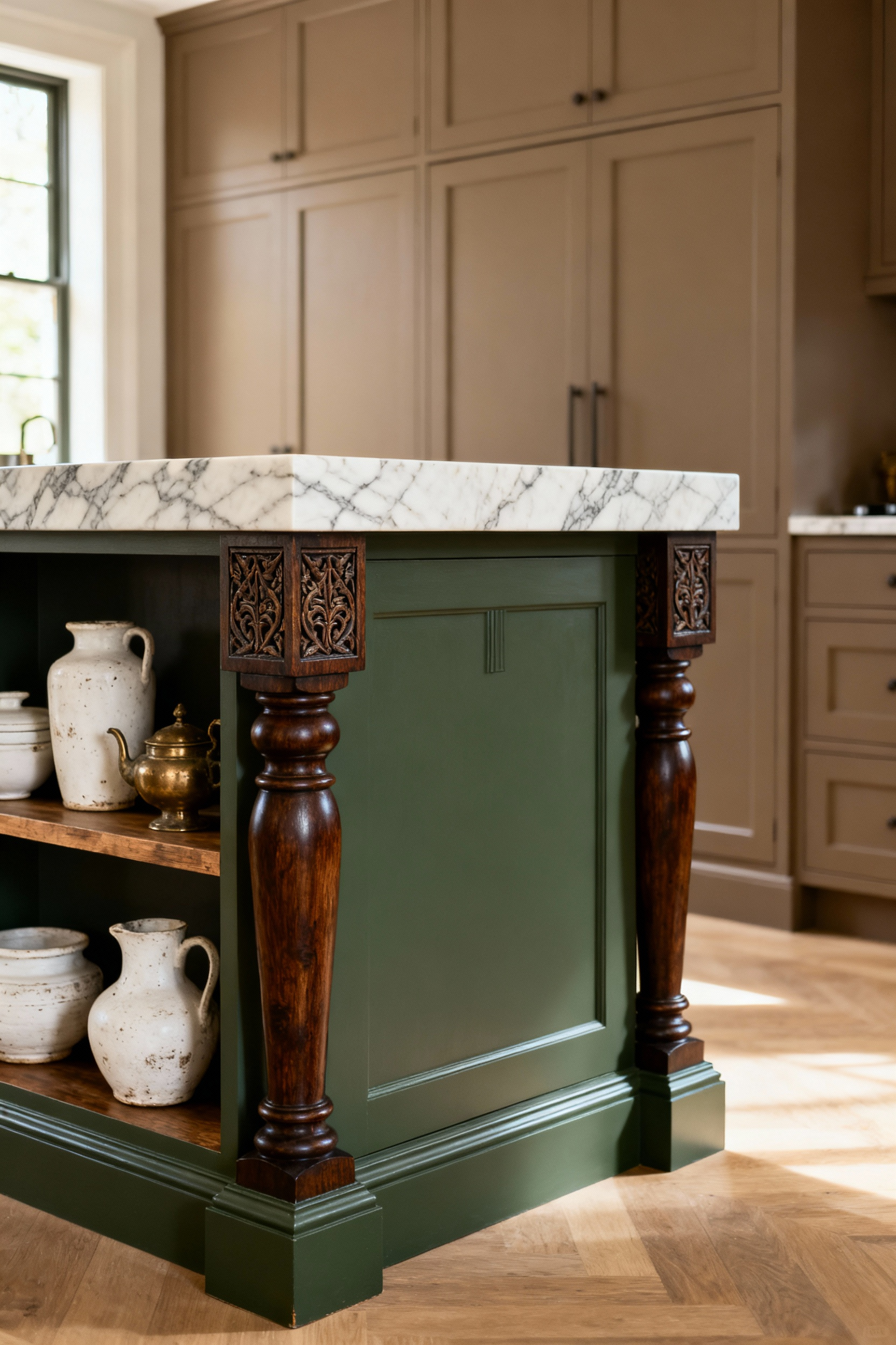 A traditional kitchen island featuring ornate walnut turned legs and open shelving displaying white pottery, contrasting starkly with the surrounding heavy built-in cabinetry.