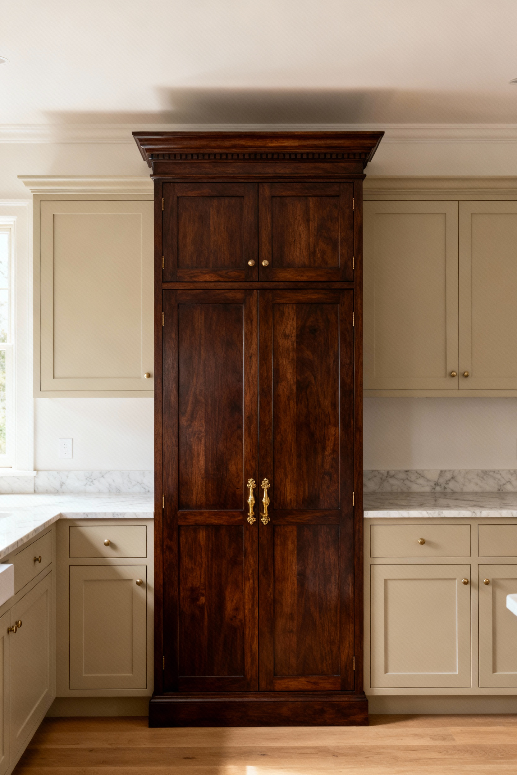 A traditional British kitchen featuring a freestanding larder cupboard made of rich walnut, intentionally contrasted against pale, painted shaker cabinets and marble countertops, highlighting the deconstructed kitchen trend.