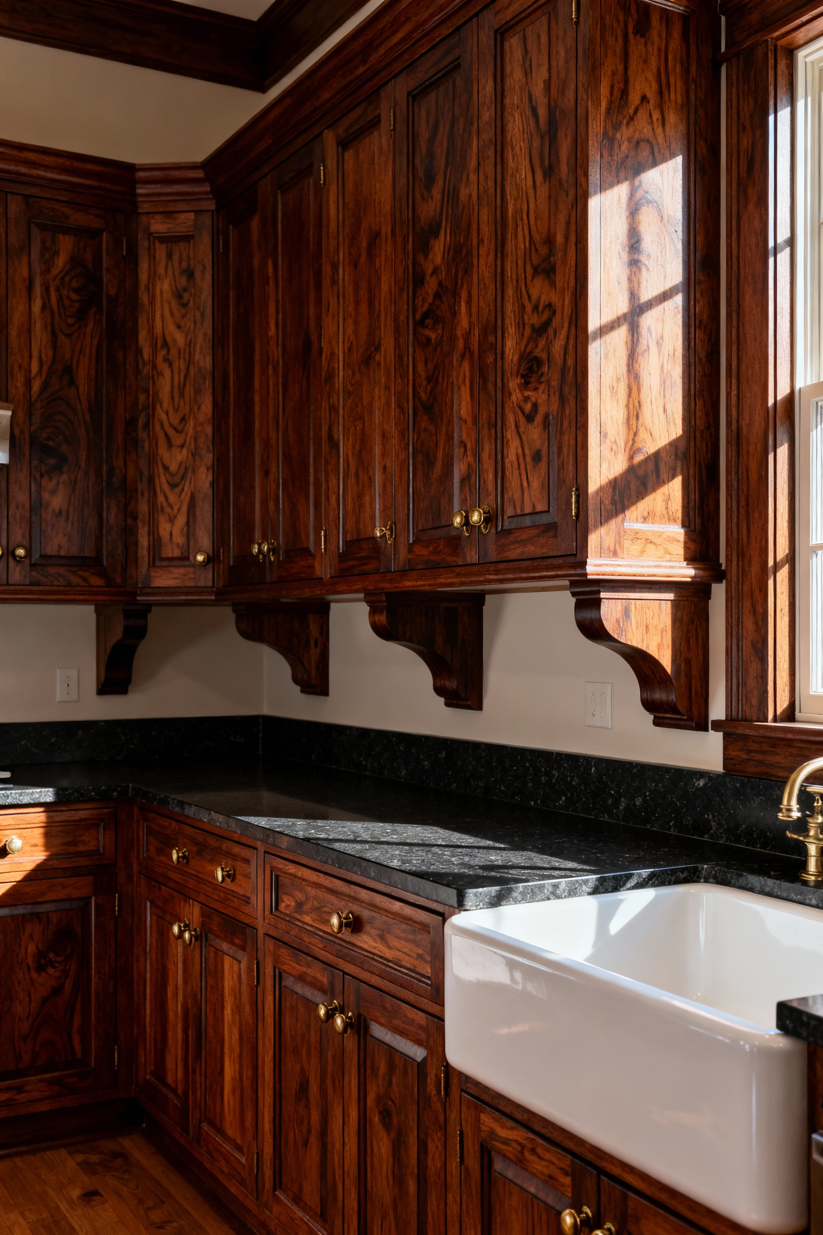 A photograph of a luxurious, traditional kitchen featuring custom, solid Black Walnut cabinets with pronounced grain and antique brass hardware. The directional morning light highlights the rich texture of the wood panels and the dark soapstone countertop.