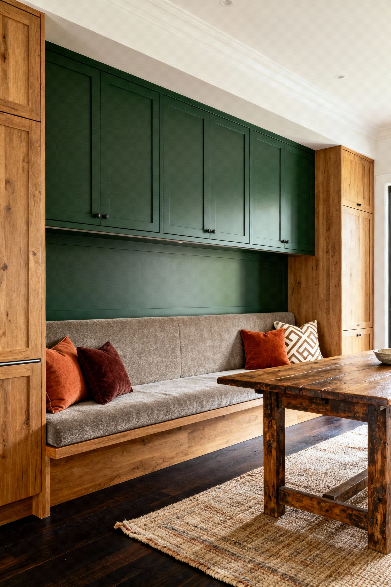A traditional kitchen dining nook featuring deep green cabinets and a built-in upholstered banquette, layered with woven pillows and a runner to soften the rigidity of the traditional wood joinery.