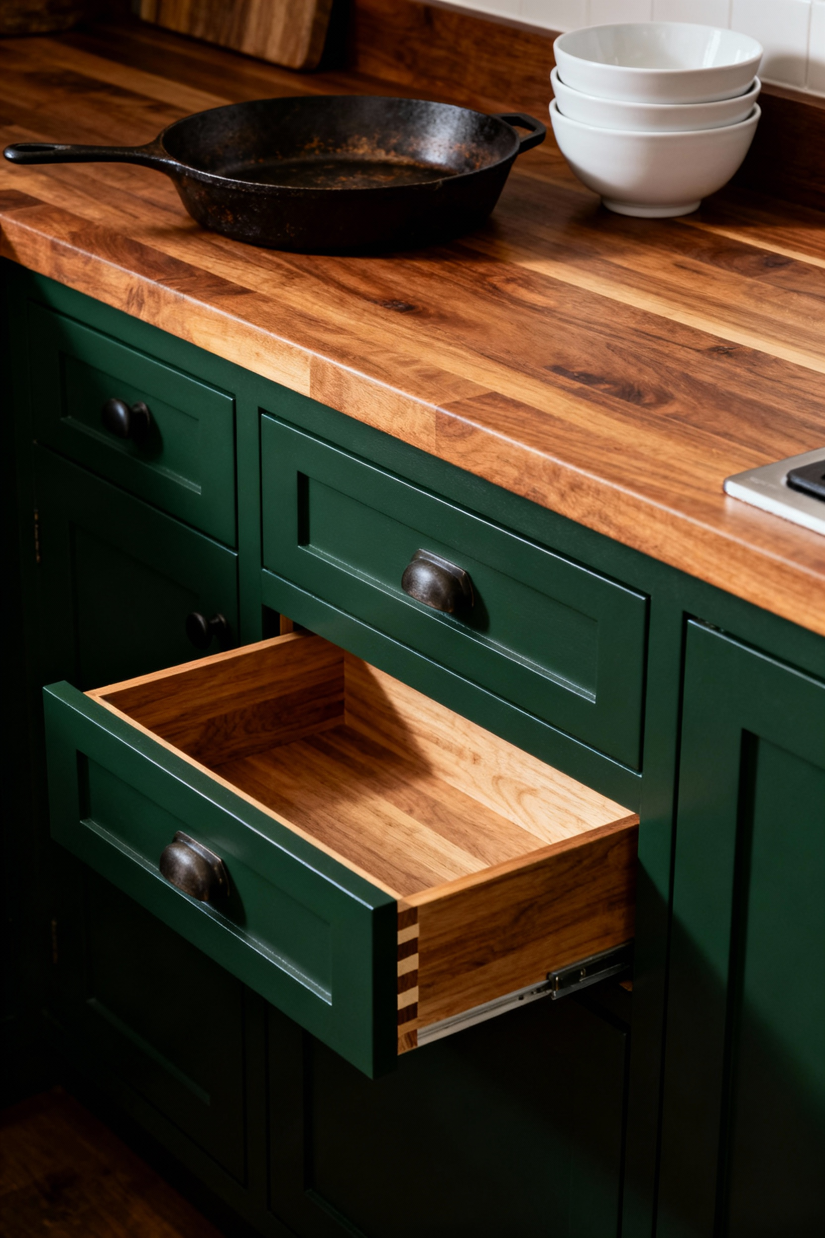 A full view of traditional forest green kitchen cabinets featuring an opened drawer that showcases high-quality exposed dovetail joinery construction in solid wood.