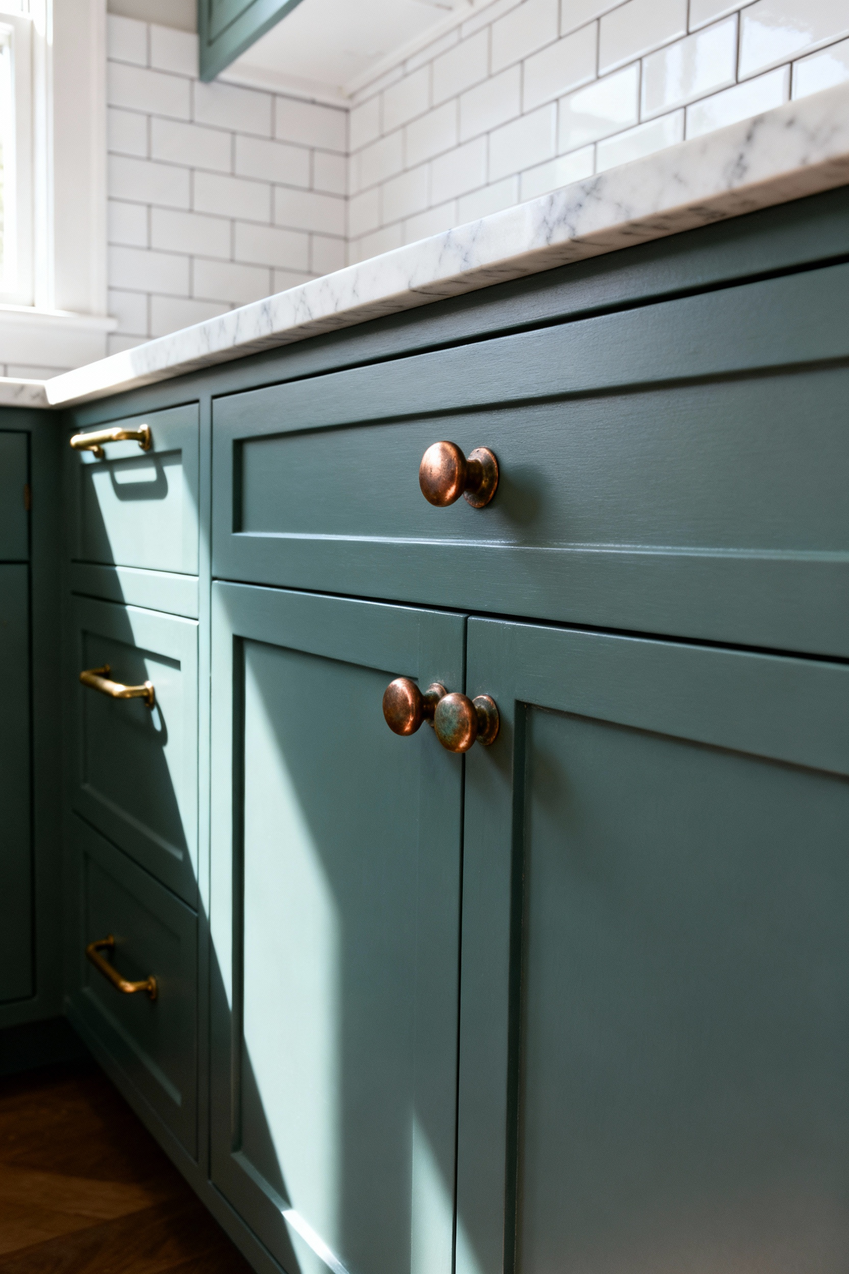 Traditional kitchen featuring muted blue Shaker cabinets contrasted with unlacquered brass and raw copper hardware starting to develop a natural living patina.