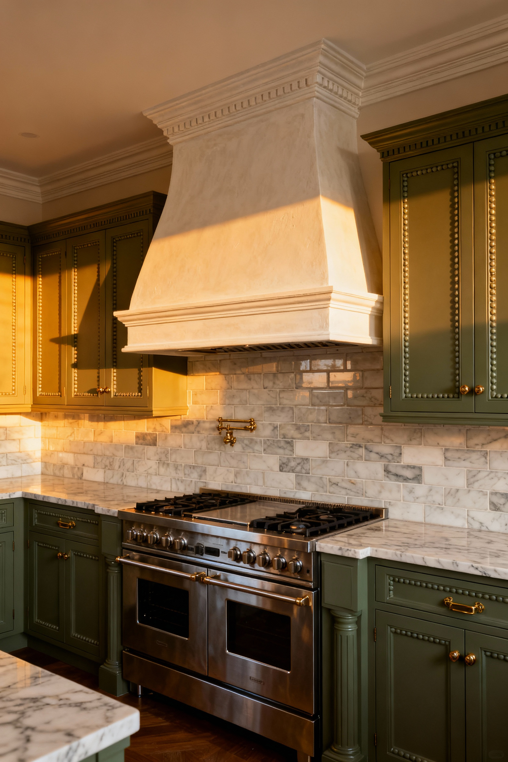 A full-scene photograph of a traditional kitchen featuring deep sage inset cabinets, Carrara marble counters, and a massive, creamy plaster range hood designed as an architectural chimney breast, extending dramatically to the ceiling above a stainless steel professional range.