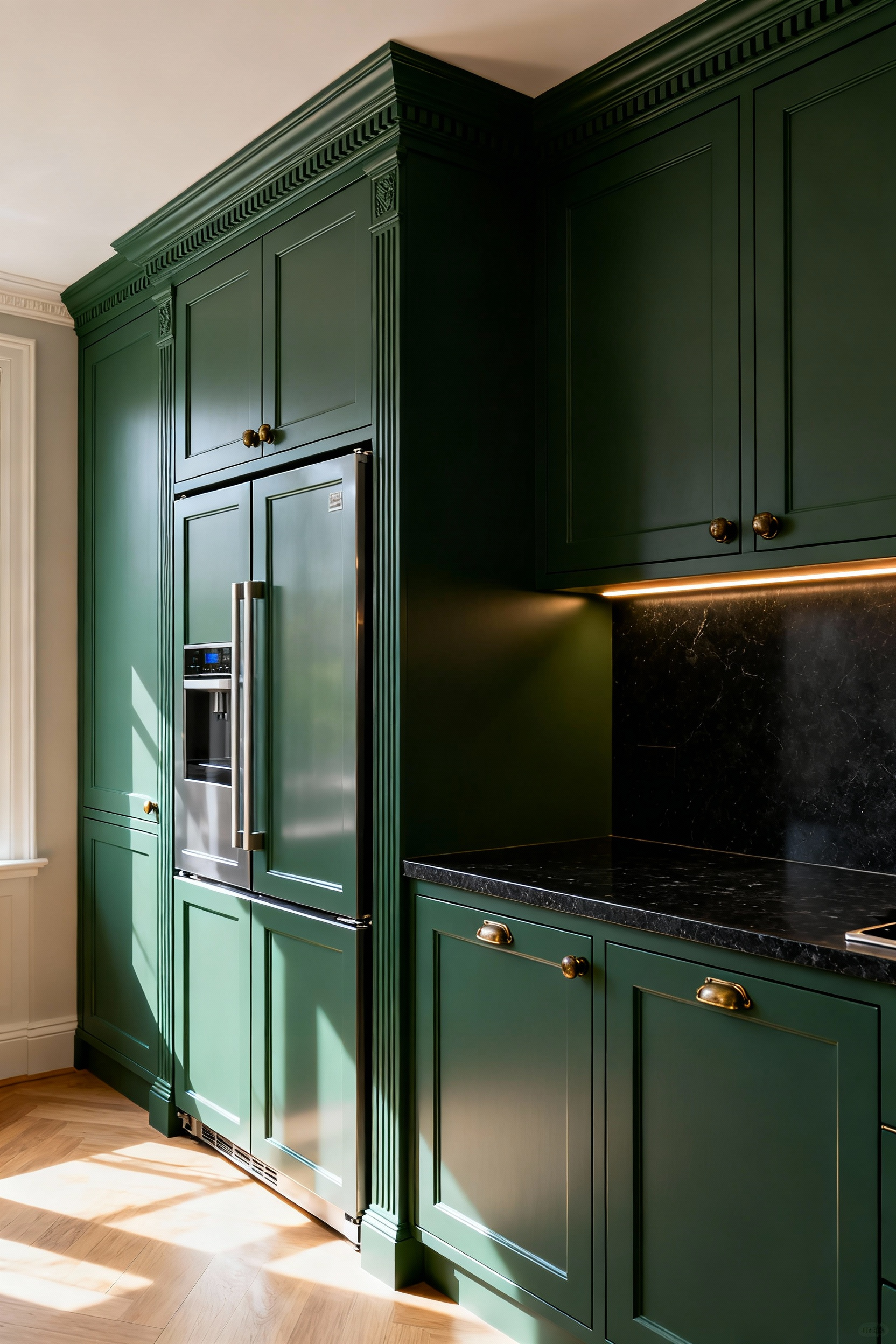 A photograph of a luxurious, traditional heritage kitchen featuring bespoke sage-green inset cabinets. High-tech appliances, including a large refrigerator, are fully concealed behind custom paneled doors, emphasizing a visually serene and furnished aesthetic.