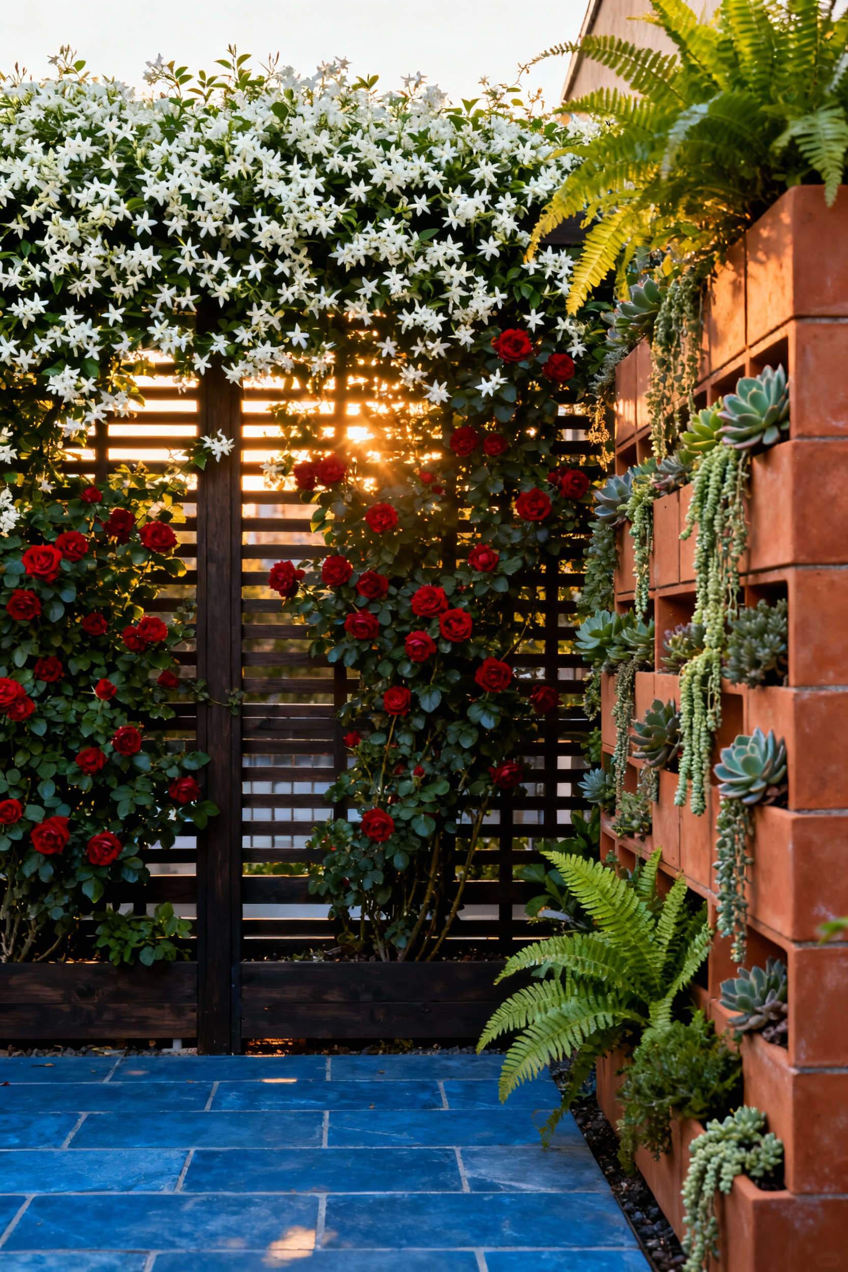 A lush, compact urban garden featuring a dense wooden trellis covered in blooming jasmine and climbing roses, maximizing green space vertically on a small patio.