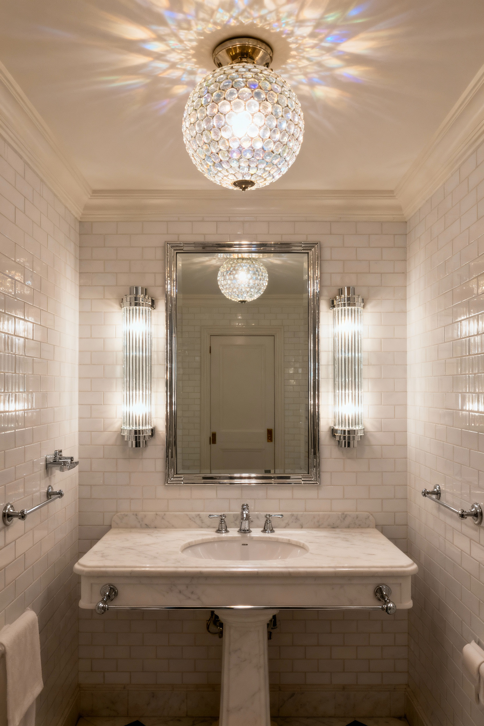 A luxurious vintage Art Deco bathroom showcasing elegant fluted glass wall sconces and a stunning prismatic glass ceiling light. The diffused illumination casts a soft, ethereal glow, highlighting a white marble vanity, subway tiles, and polished chrome fixtures for a serene atmosphere.