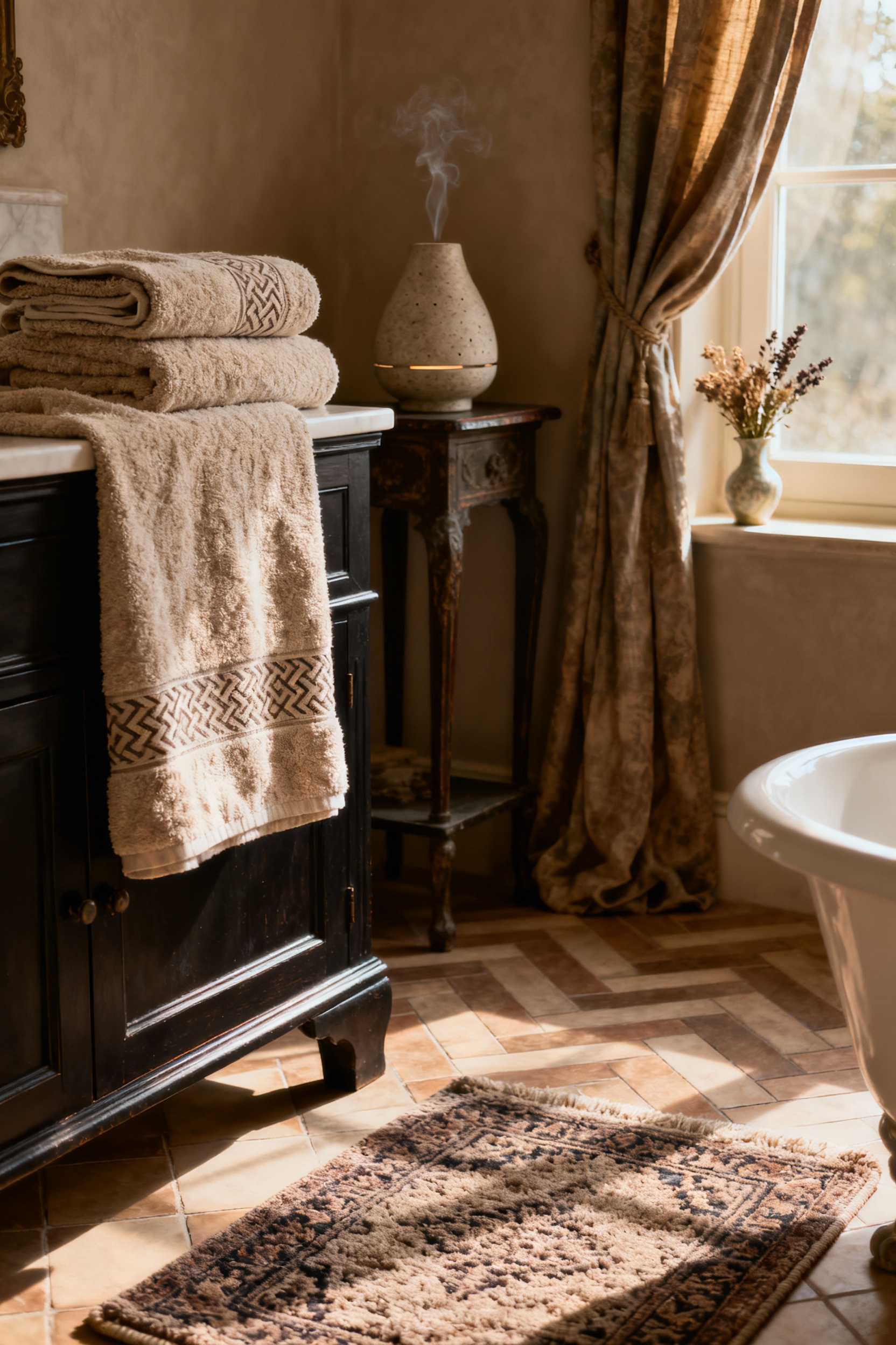 A luxurious vintage bathroom featuring folded high-quality bath towels, a textured bathmat, and a decorative essential oil diffuser, creating an atmosphere of sensory comfort and refined design.