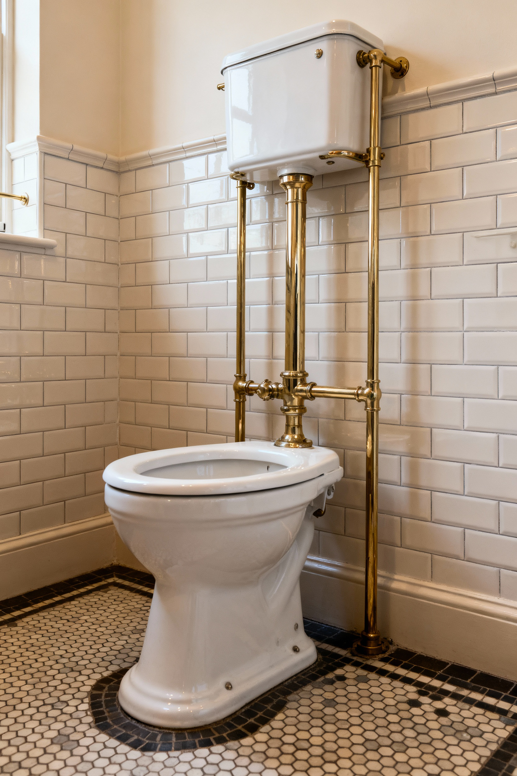 A beautifully restored vintage high-tank water closet with polished brass exposed pipes in an elegant Edwardian bathroom featuring mosaic floor and subway wall tiles.