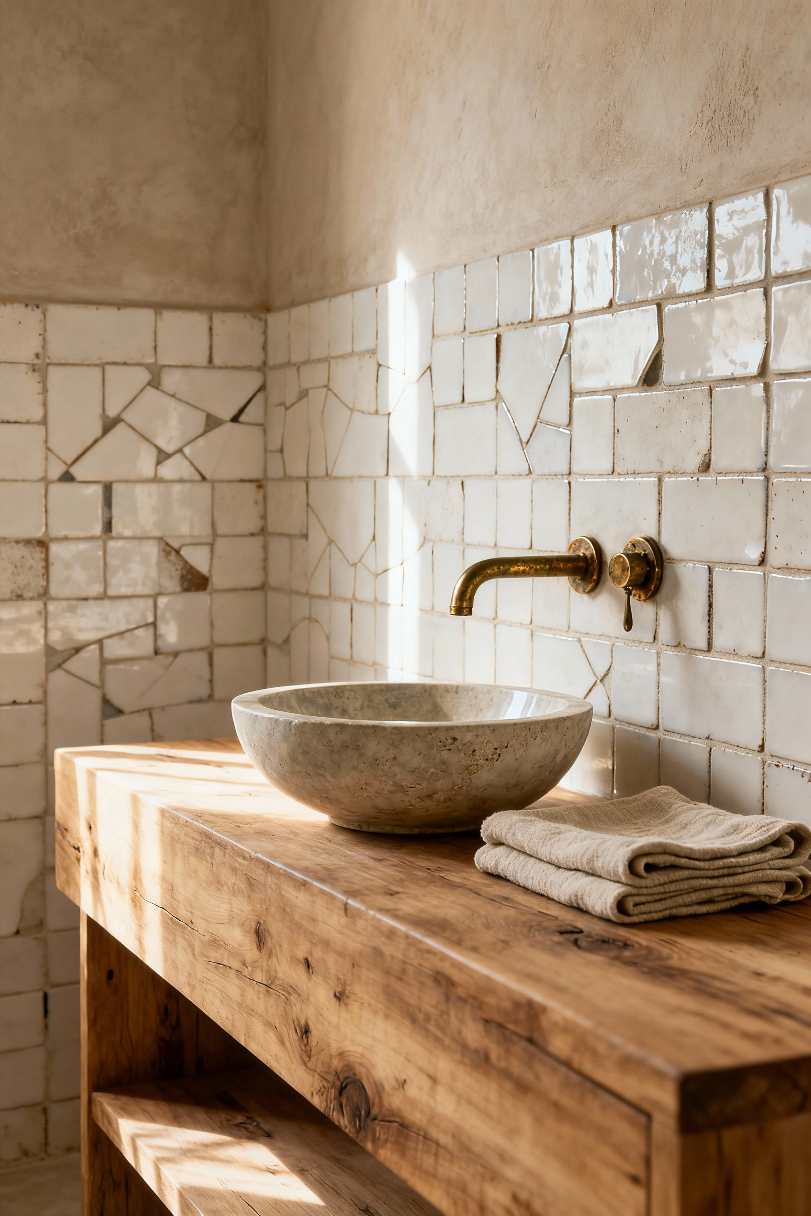A Wabi-Sabi bathroom featuring unlacquered brass fixtures with a natural patina and a wall covered in hand-crafted, imperfect white zellige tiles over a natural wood vanity.