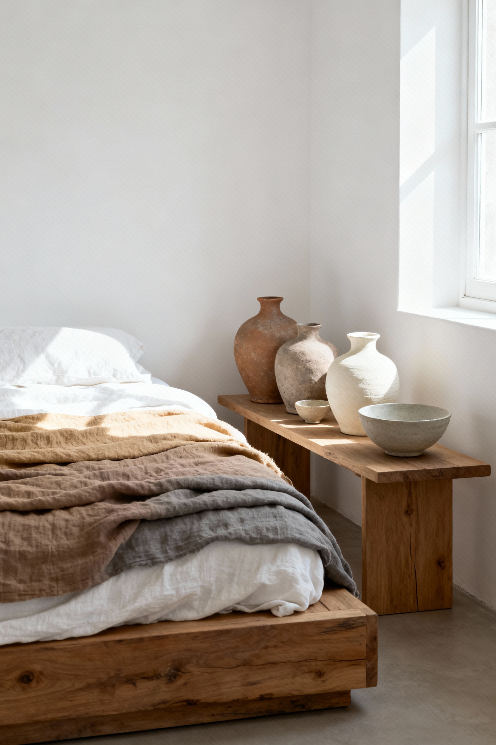 A minimalist white bedroom inspired by Wabi-Sabi principles, featuring a low bed with linen bedding and a collection of matte, imperfect hand-thrown earthenware ceramics on a bedside table.