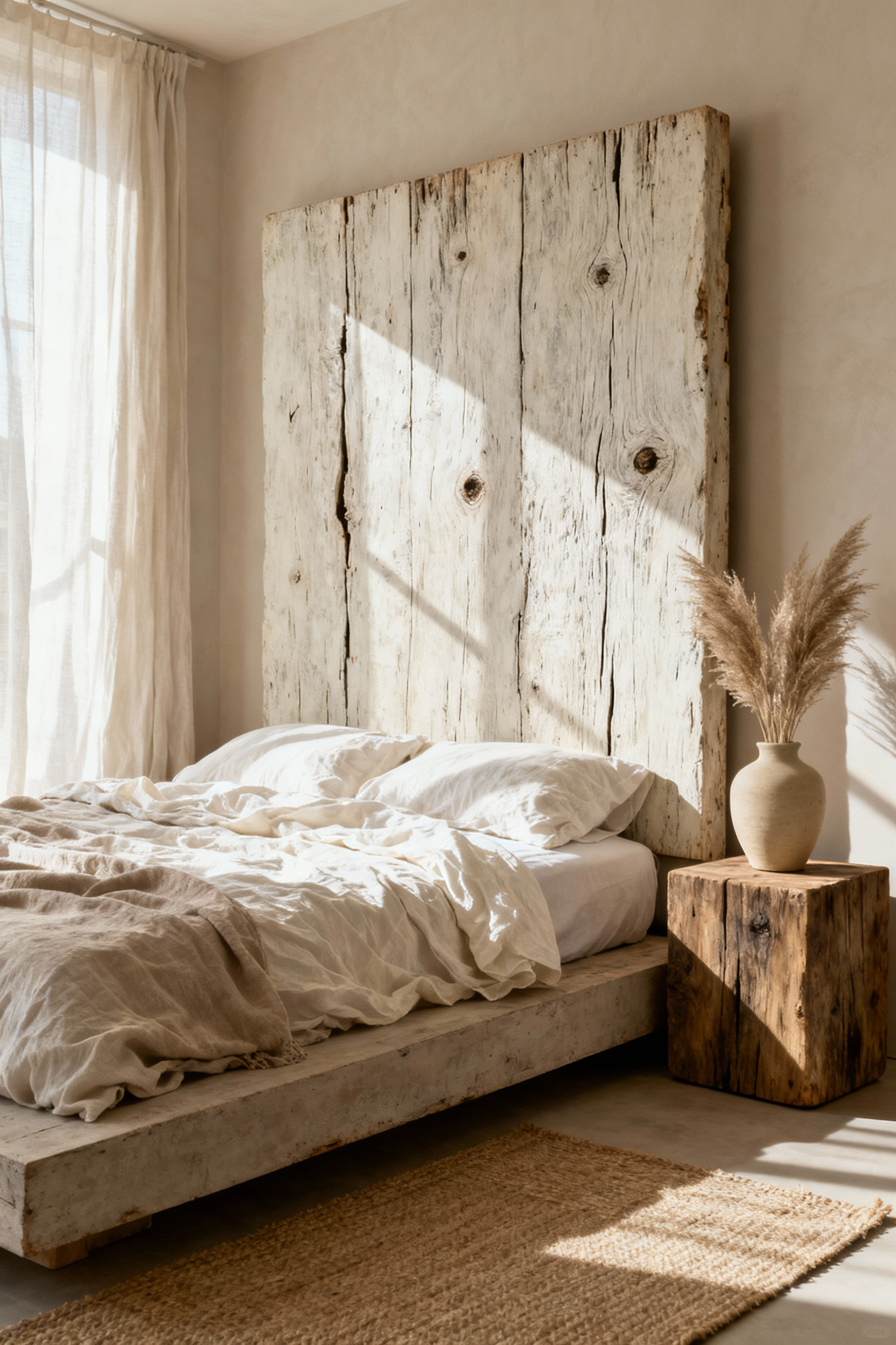 Beige bedroom aesthetic featuring a wabi-sabi design, reclaimed wood headboard with a limewash finish, contrasting soft linen bedding, and matte ceramic details under diffused natural light.