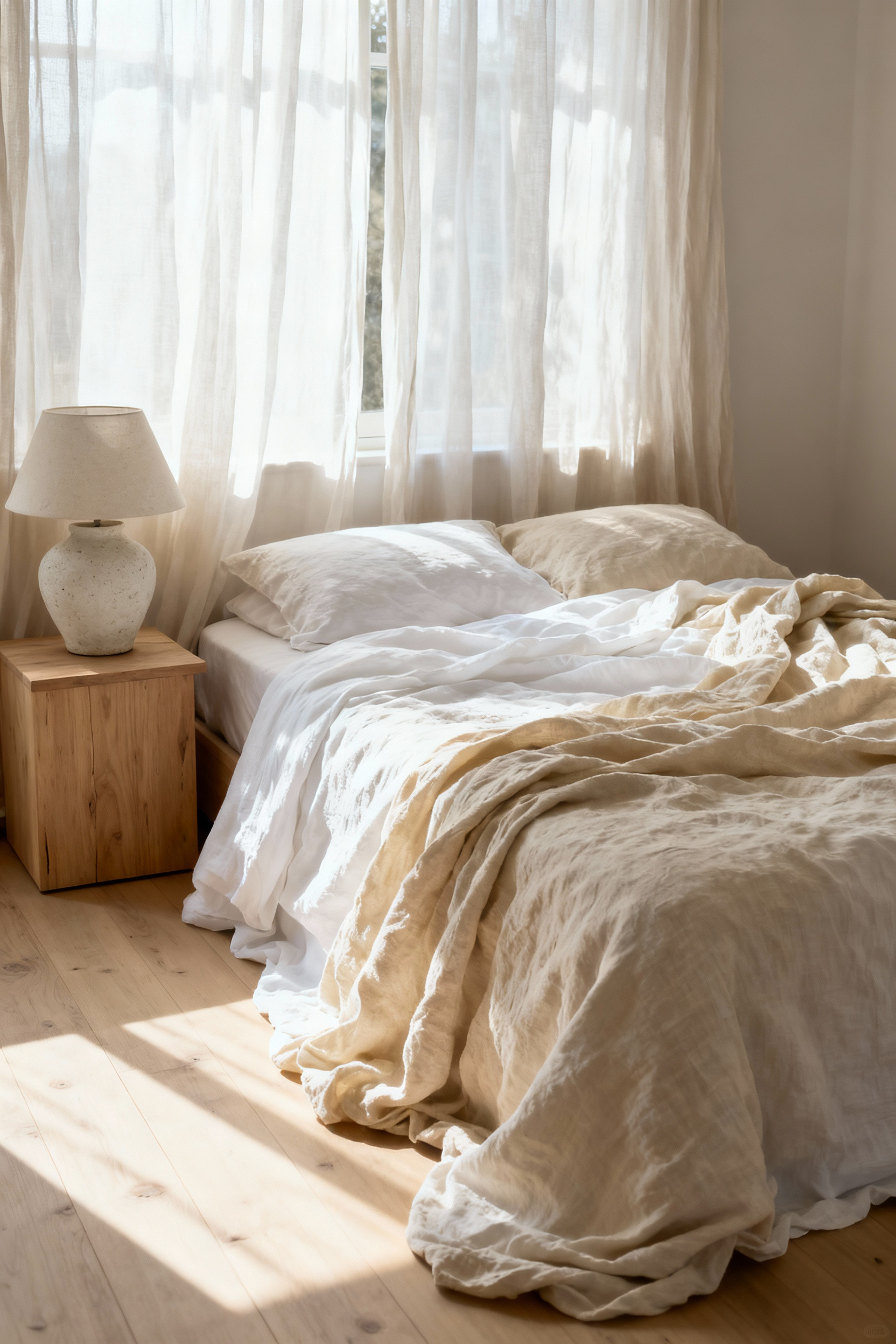 A minimalist white bedroom featuring a king bed layered with rumpled, unpressed organic white linen sheets, embodying the Wabi-Sabi philosophy of imperfection and authenticity.