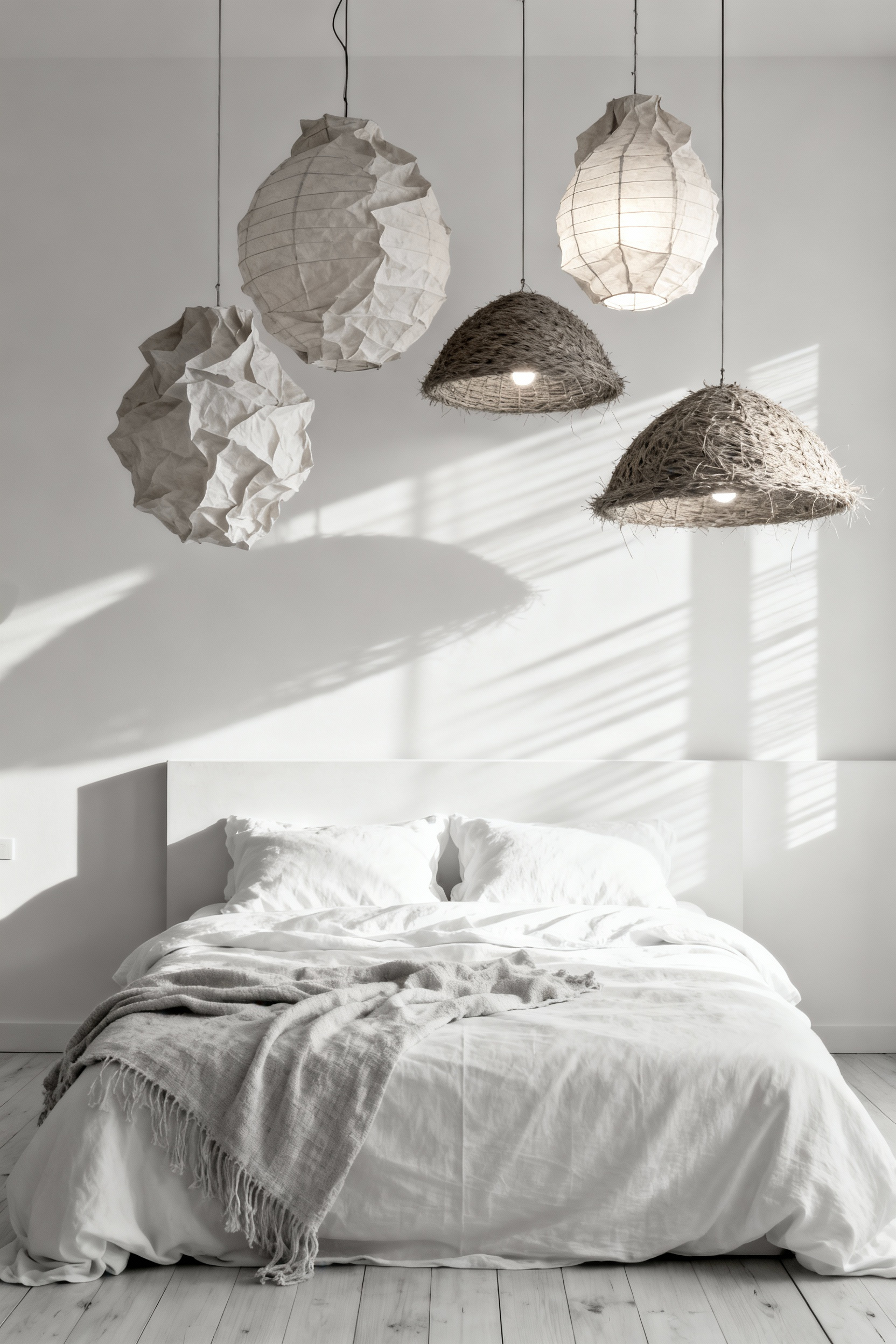 A serene monochromatic white bedroom featuring a cluster of asymmetrical woven grass and crinkled paper lantern pendants that cast dramatic, fibrous shadows onto the white wall.