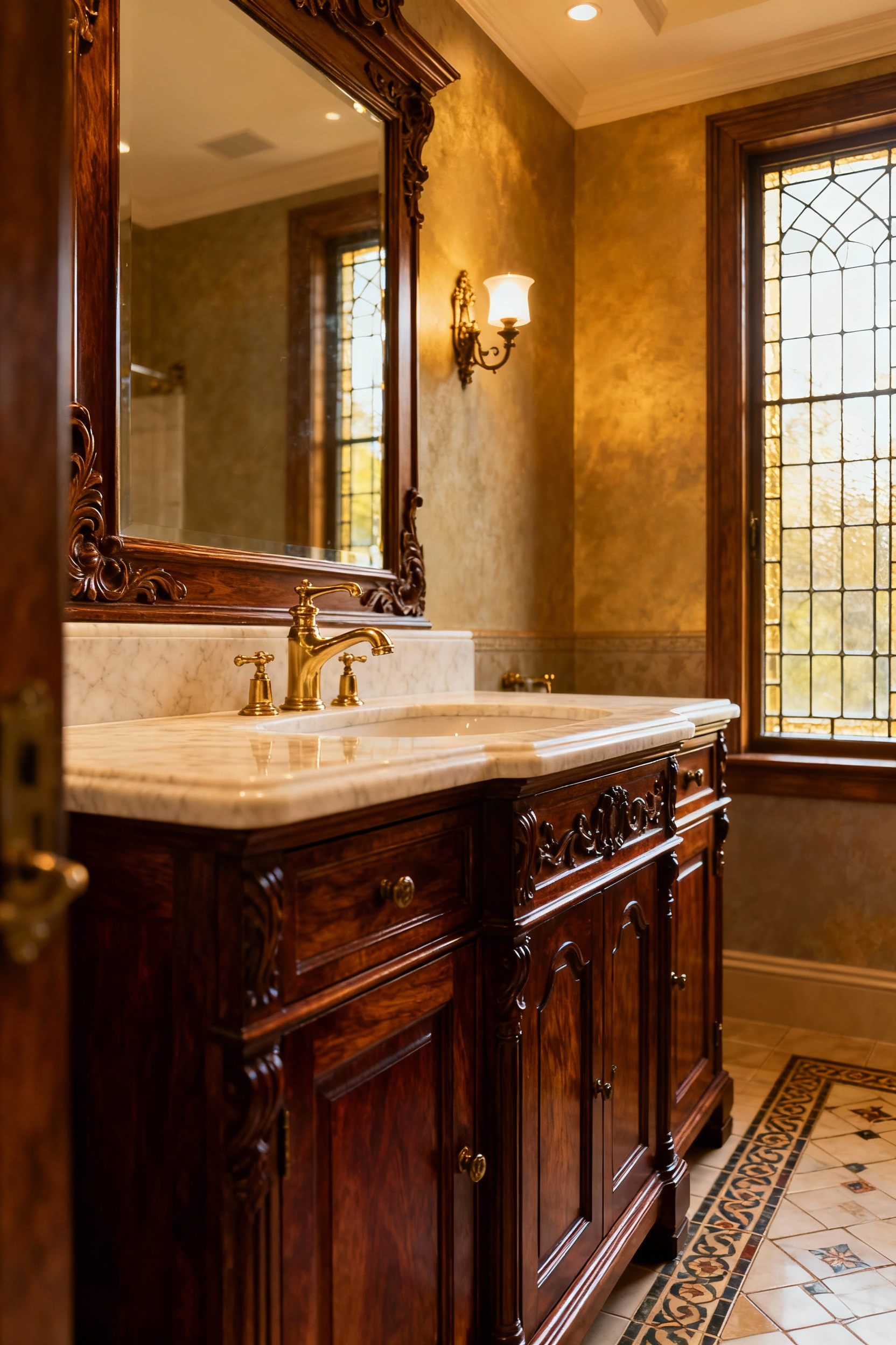 Luxurious vintage bathroom featuring a dark walnut wood vanity, dark cherry wood cabinetry, honed marble countertop, and polished brass fixtures, highlighting stately wooden accents and enduring craftsmanship.