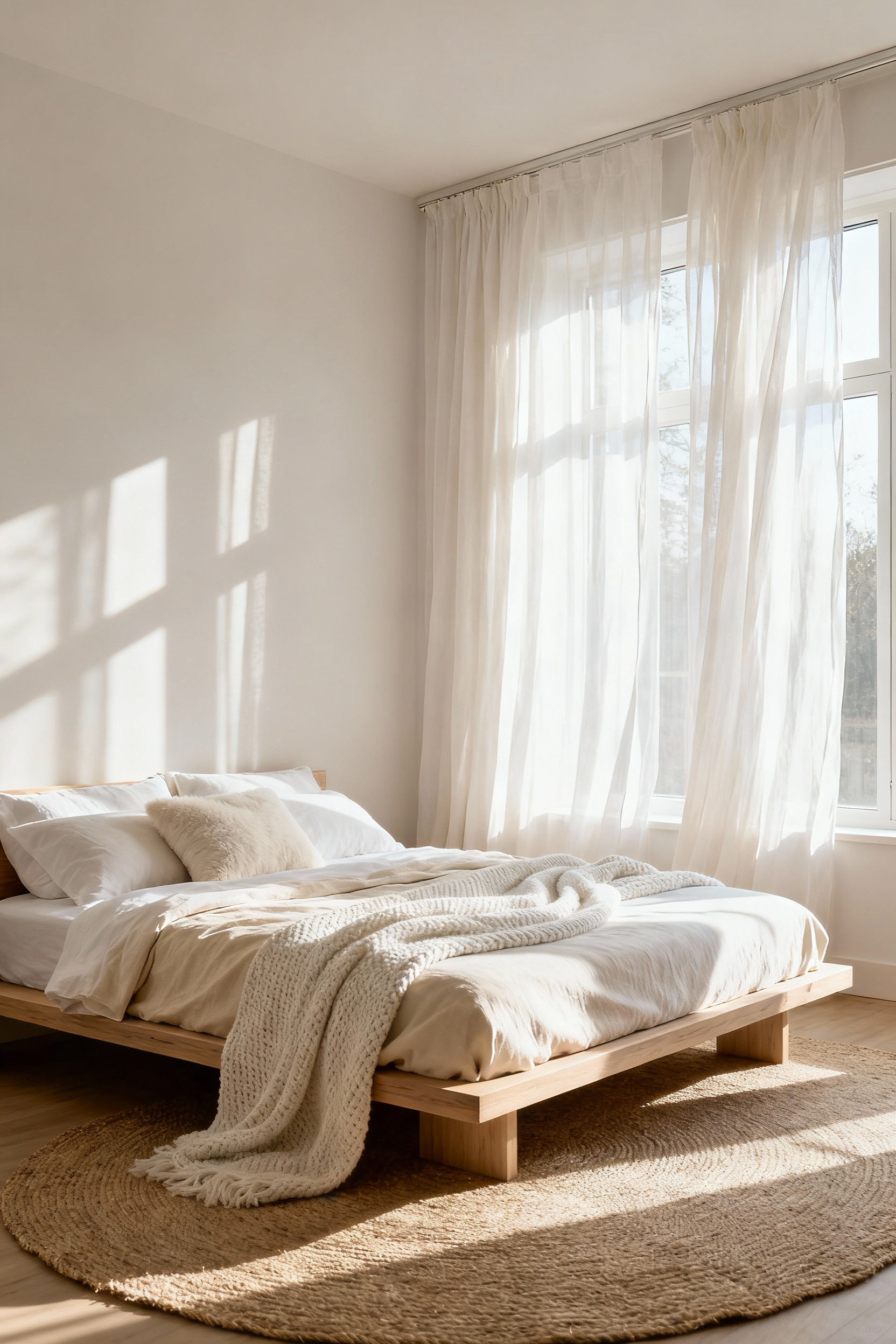 A serene, minimalist bedroom showcasing sophisticated white bedroom inspiration using layered warm off-white textiles and diffused natural light to create a restorative sanctuary.