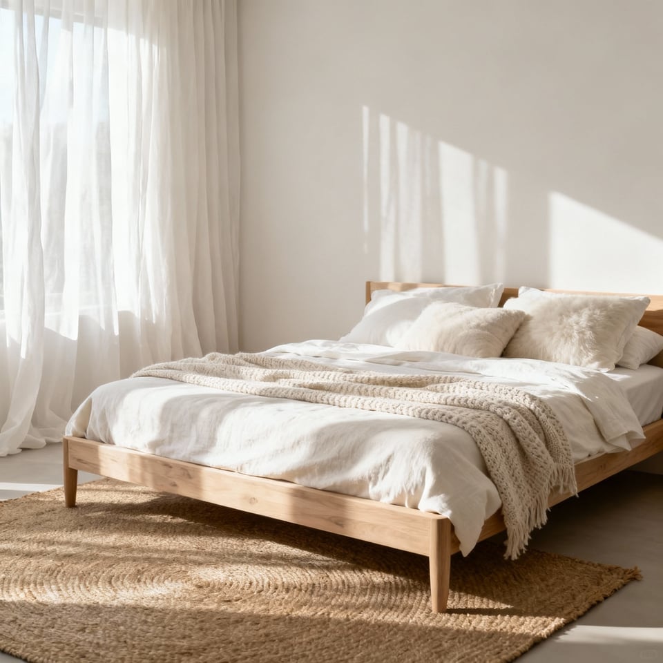 A serene, minimalist bedroom showcasing sophisticated white bedroom inspiration using layered warm off-white textiles and diffused natural light to create a restorative sanctuary.