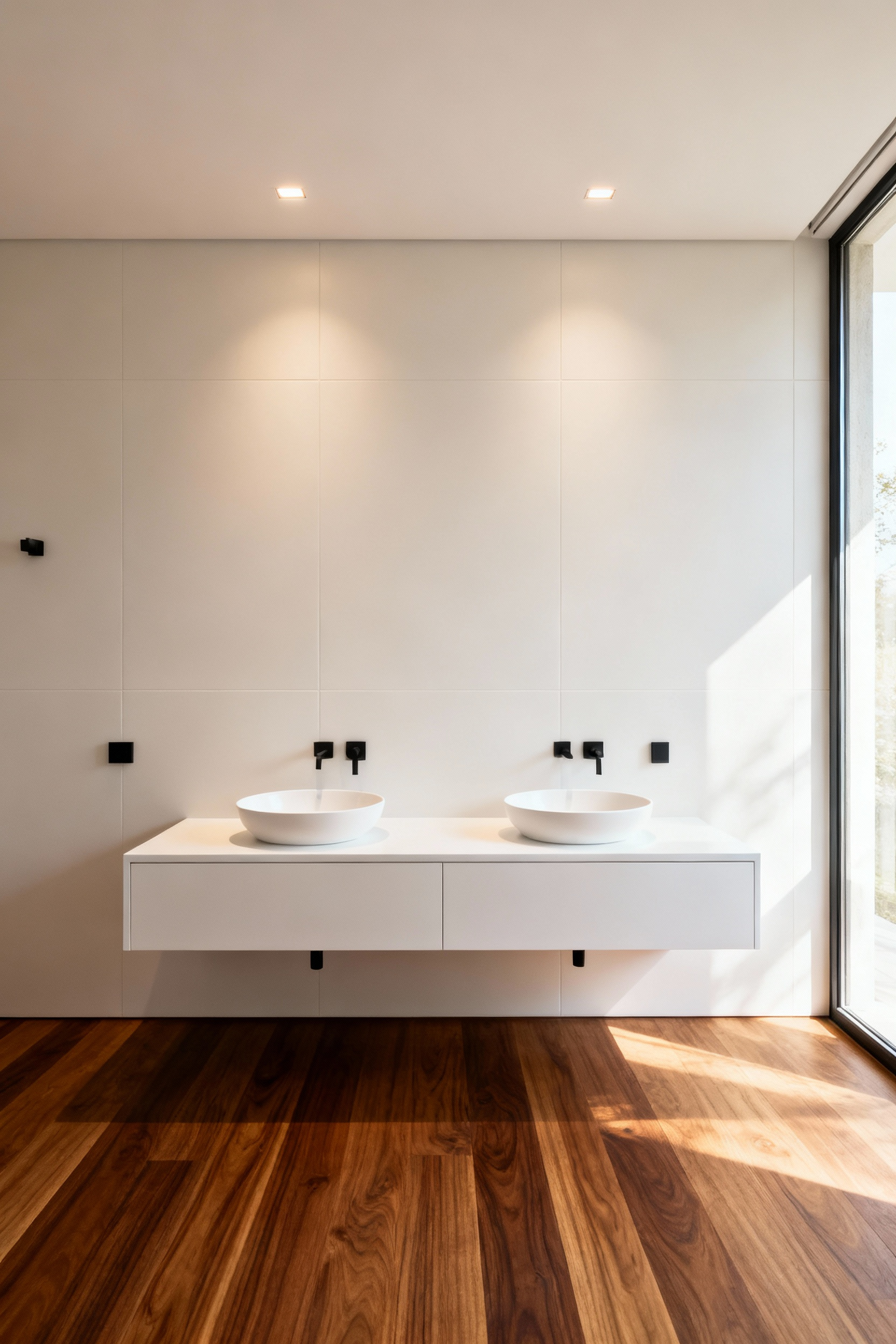 Modern minimalist bathroom featuring warm heat-treated Teak wood flooring and vanity fronts juxtaposed against cool, large-format matte porcelain wall panels for a balanced tactile design.