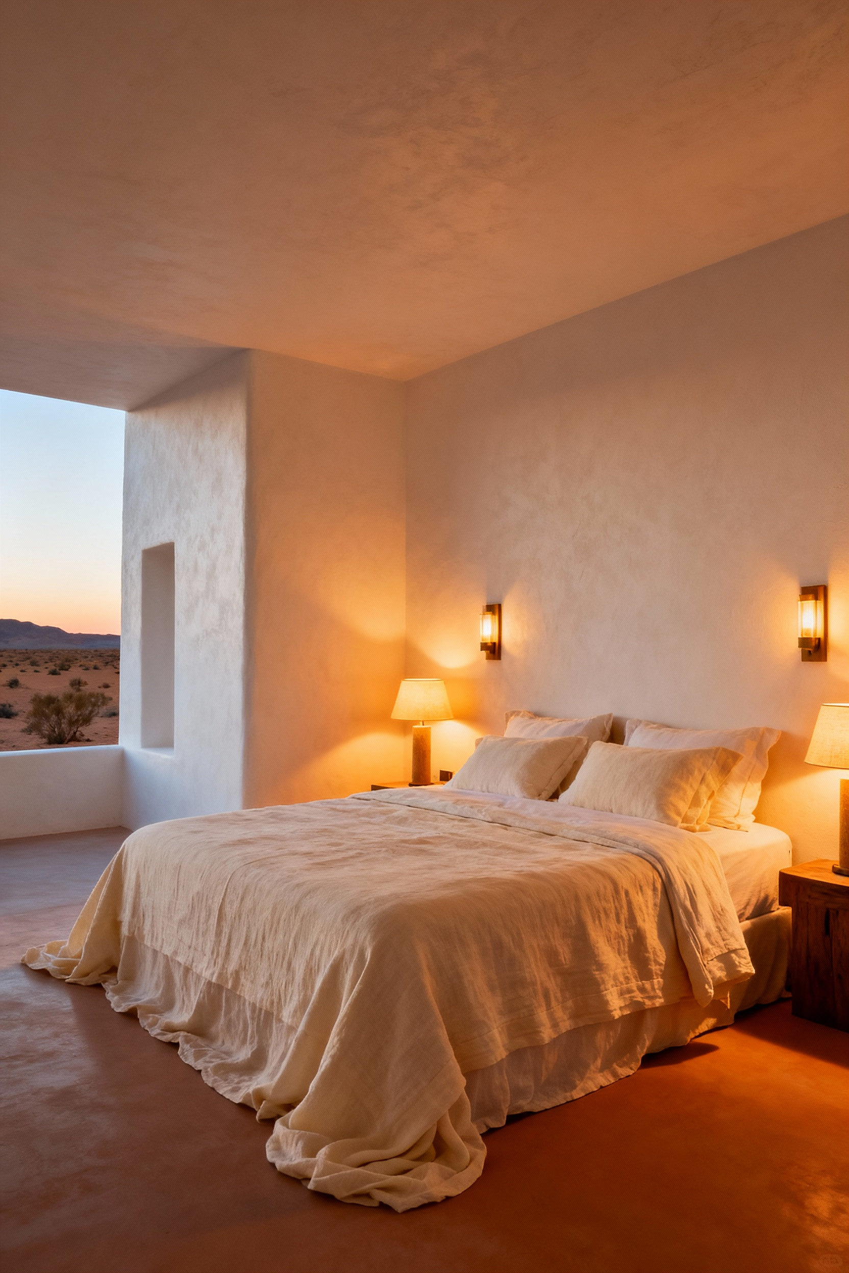 A luxury minimalist white bedroom dramatically transformed by ultra-warm 2700K lighting, casting a cozy, golden hue over the textured plaster walls and cream linens.