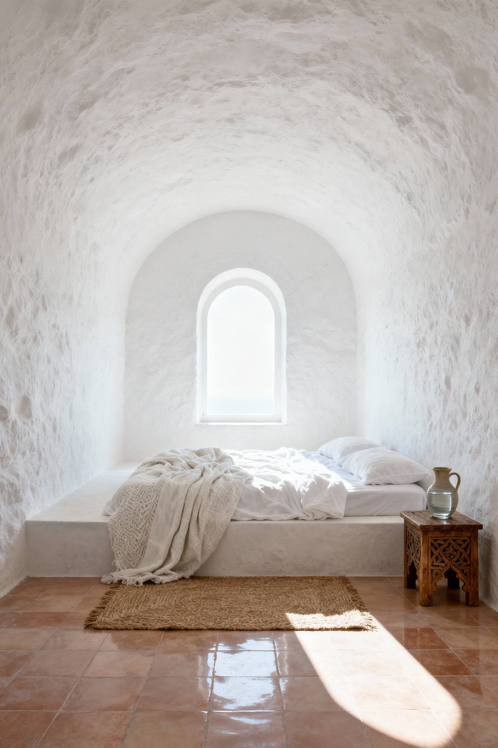A photograph of a minimalist desert-inspired bedroom with brilliant white stucco walls and a linen-covered platform bed, illustrating the cooling effect of high-albedo surfaces in architecture.