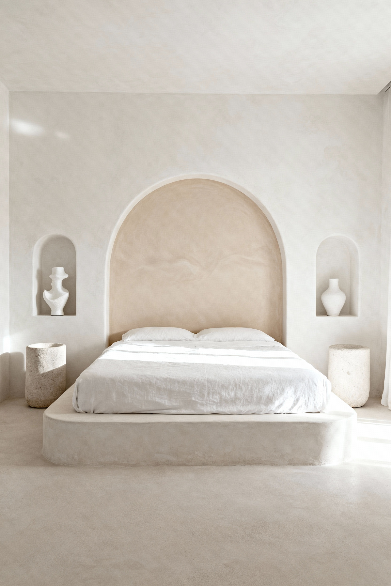 A minimalist white bedroom showcasing architectural fluidity, featuring an oversized painted faux arch behind the bed and built-in recessed wall niches to replace sharp corners and bulky furniture.