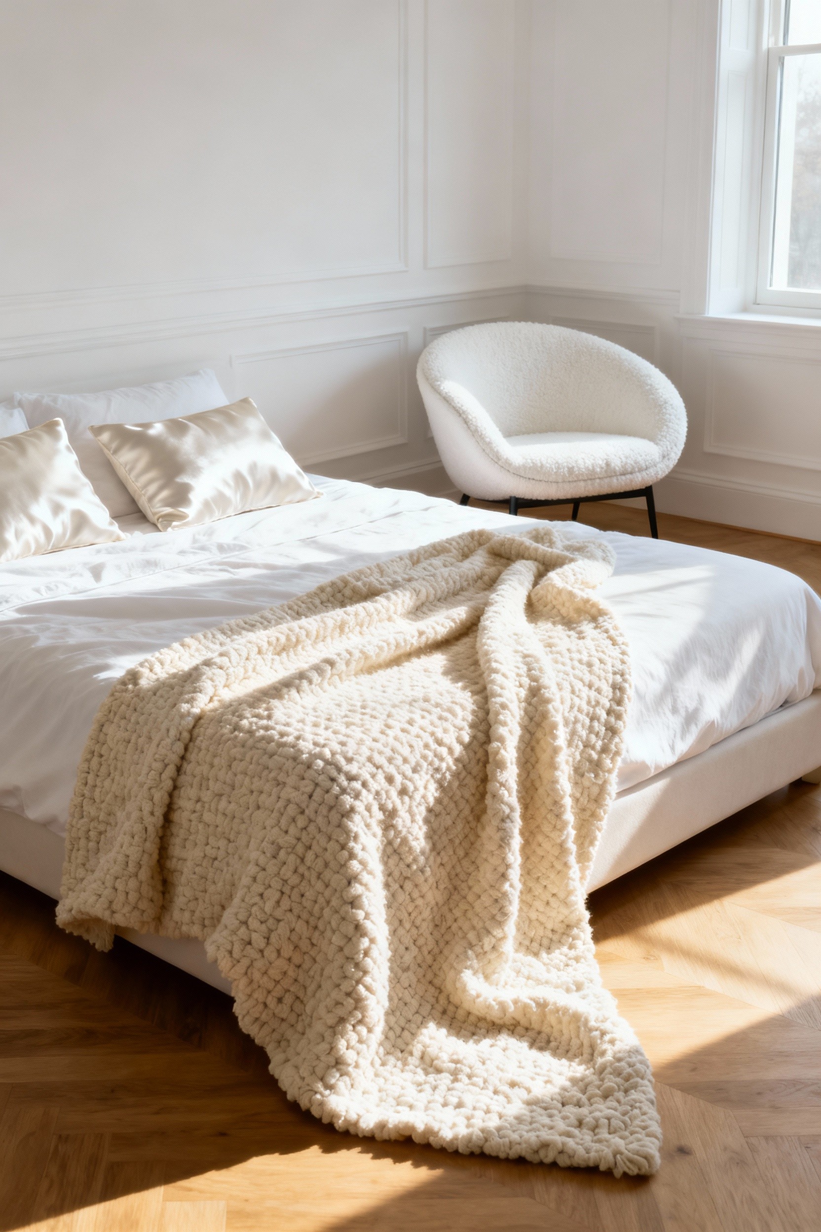 A minimalist white bedroom interior focusing on textural contrast, featuring a creamy bouclé throw blanket and off-white raw silk pillows to add visual warmth and softness.