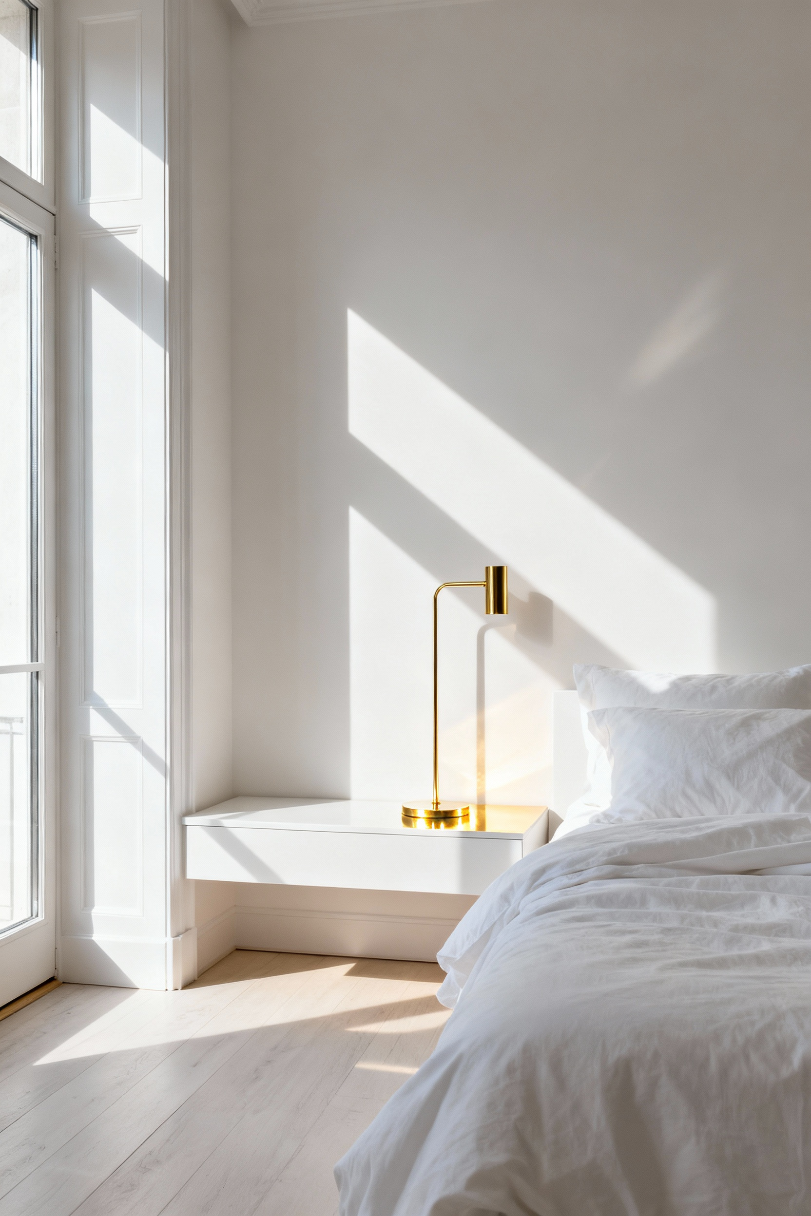 Monochromatic white bedroom interior featuring warm brass wall fixtures catching the soft golden hour light, providing a luxurious contrast to the cool white linens.