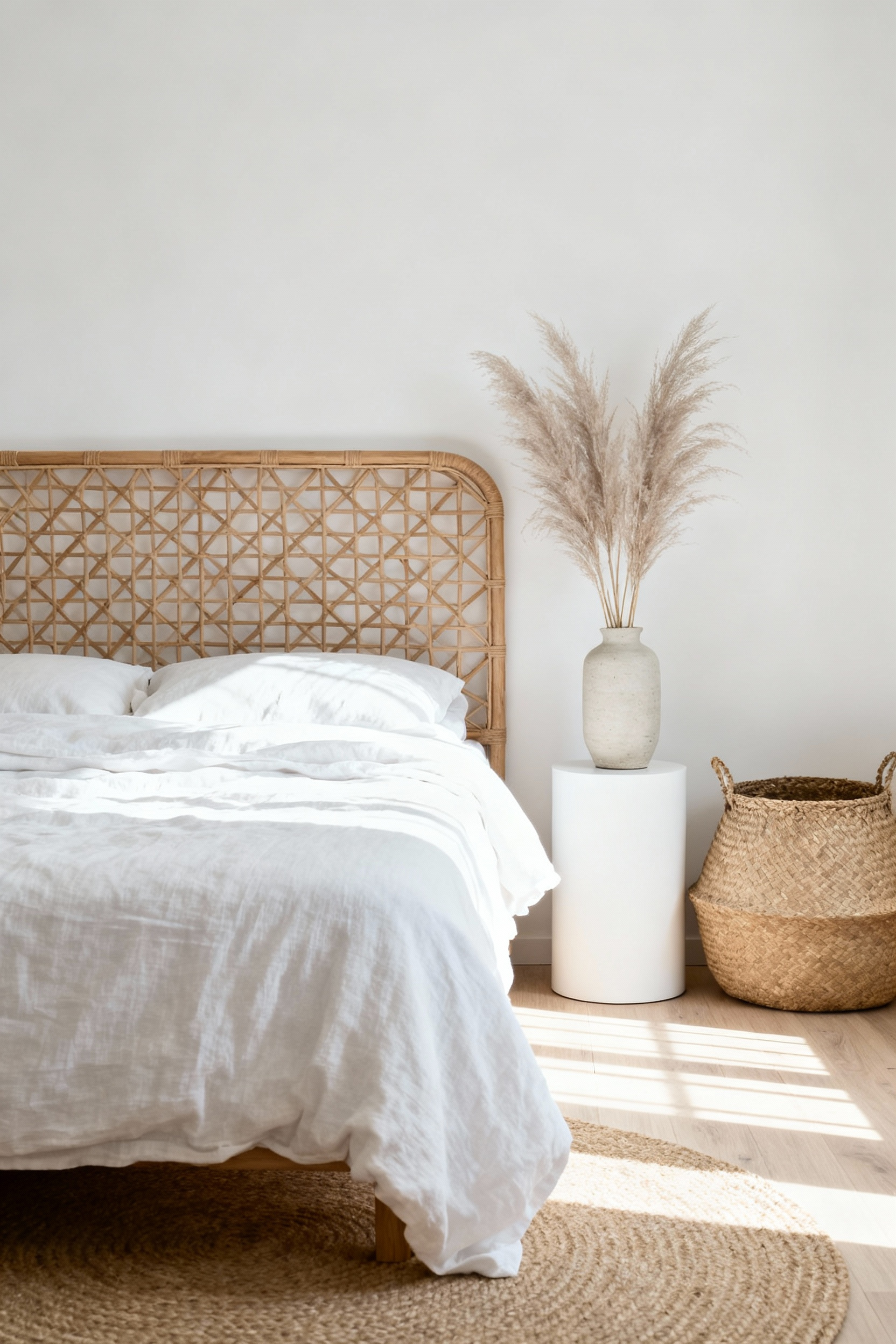 A bright white bedroom featuring a large natural woven cane headboard, white linen bedding, and a rattan storage basket, providing dry, organic texture contrast.