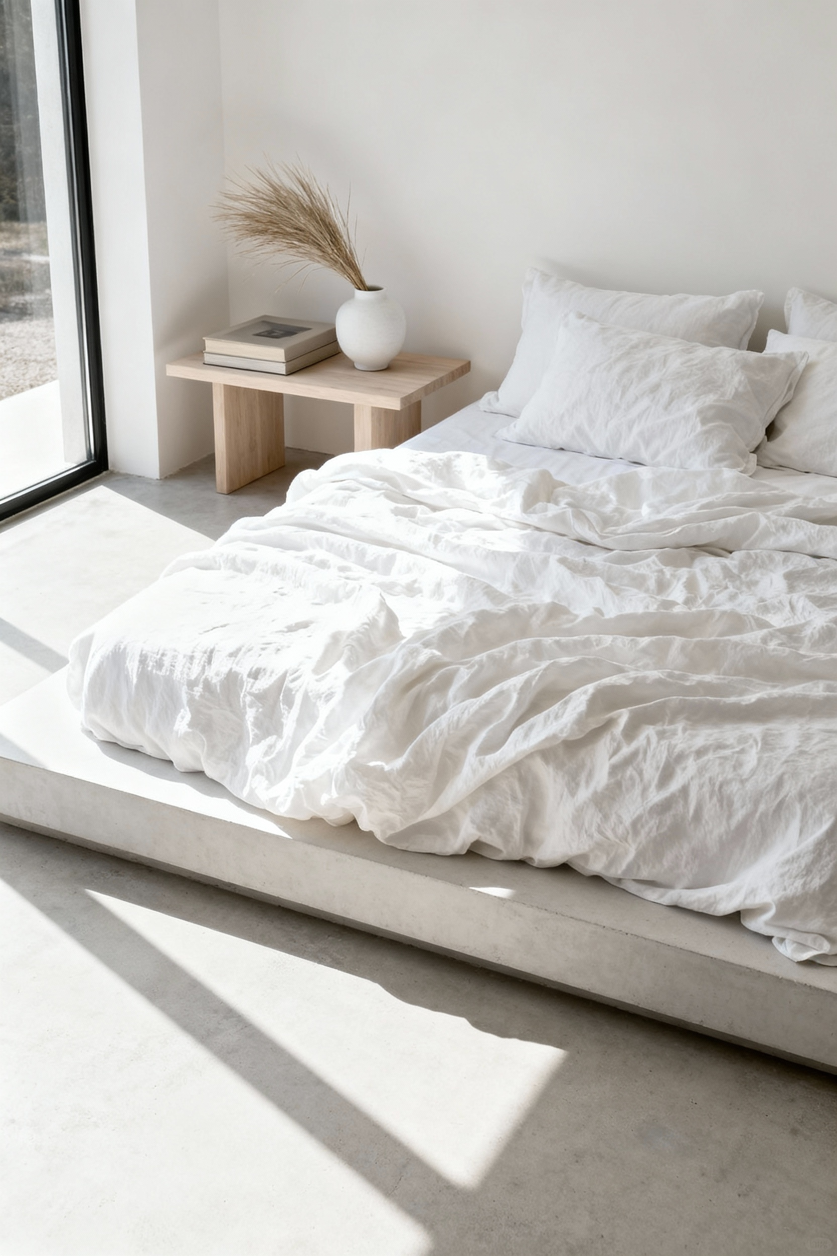 A minimalist, all-white bedroom featuring a large bed dressed in heavily textured, crinkled washed linen, emphasizing a lived-in, sophisticated aesthetic under soft morning light.